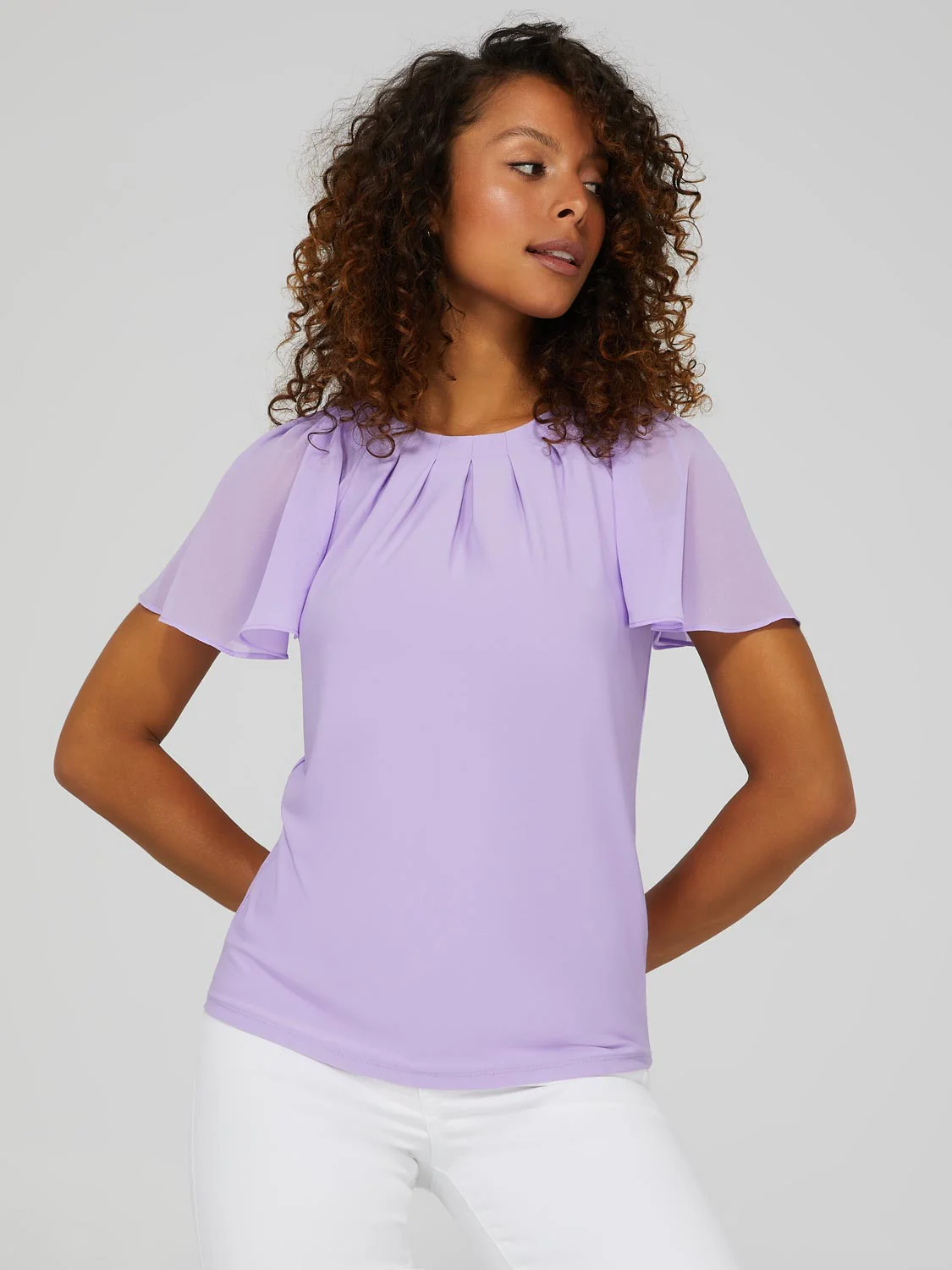 Pleated Crew Neck Top With Chiffon Flutter Sleeves