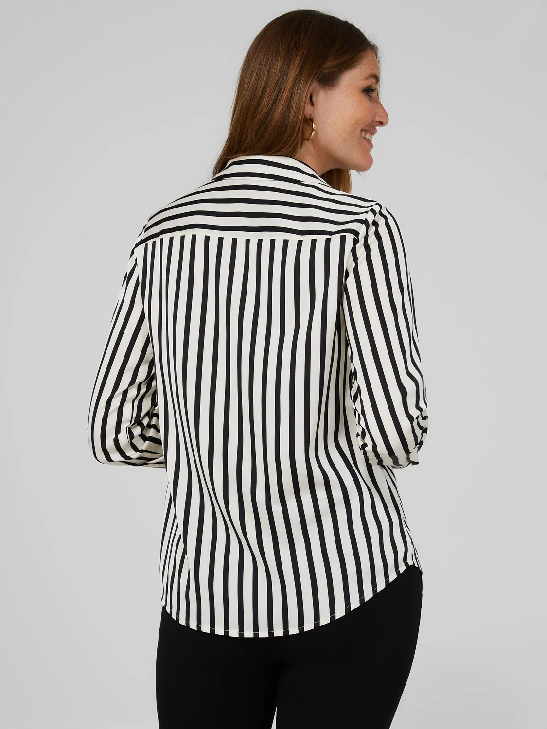 Striped Satin Split Neck Button-Front Blouse