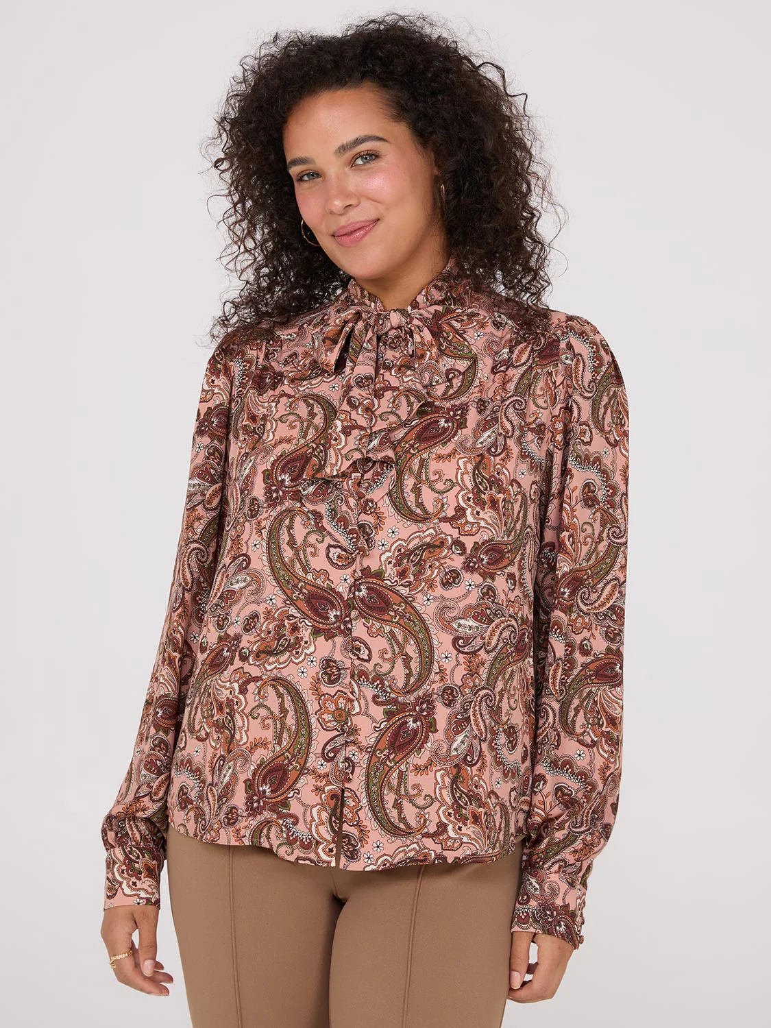 Paisley Print Button-Front Bow Blouse
