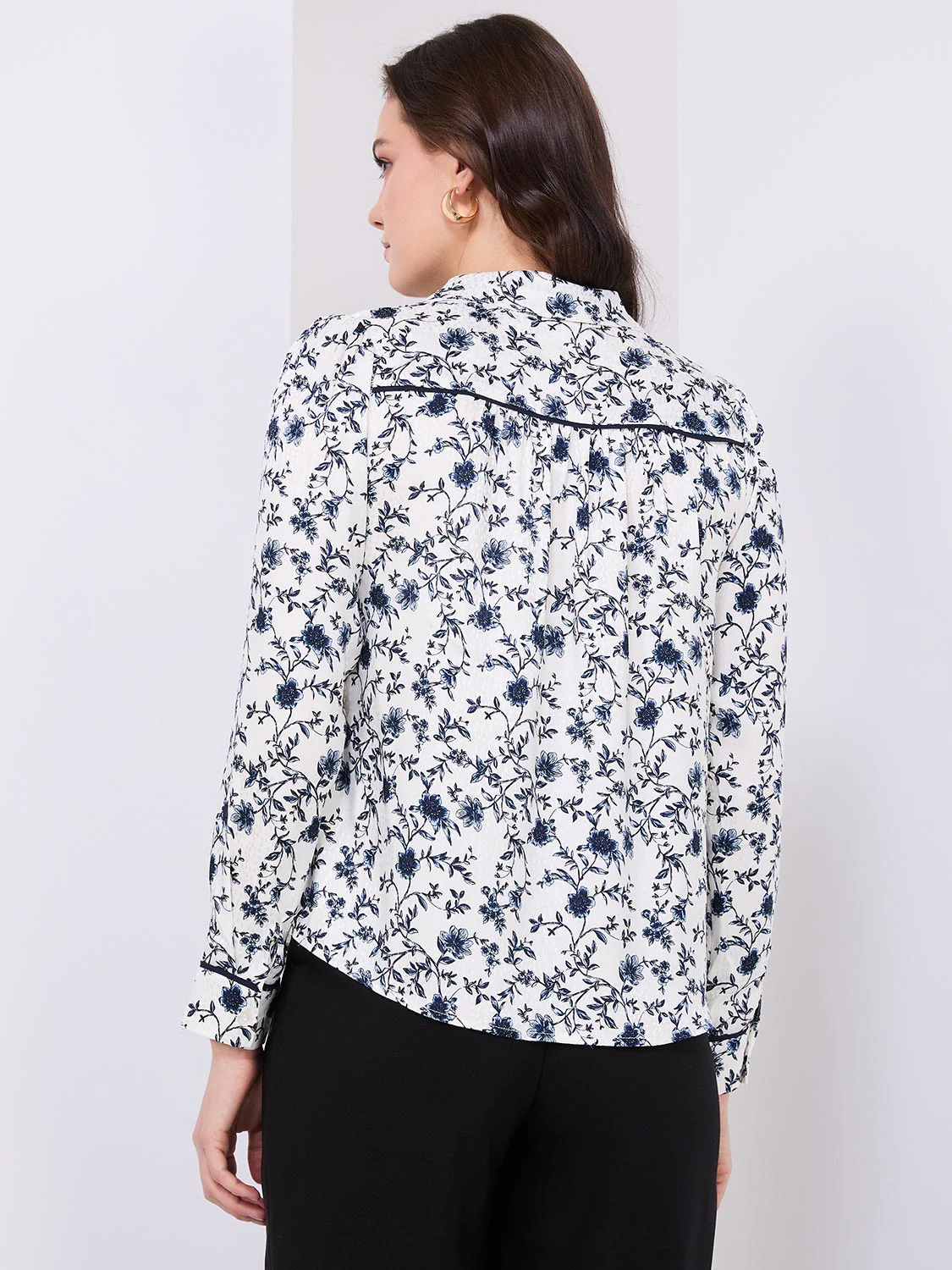 Textured Floral Print Button-Front Blouse