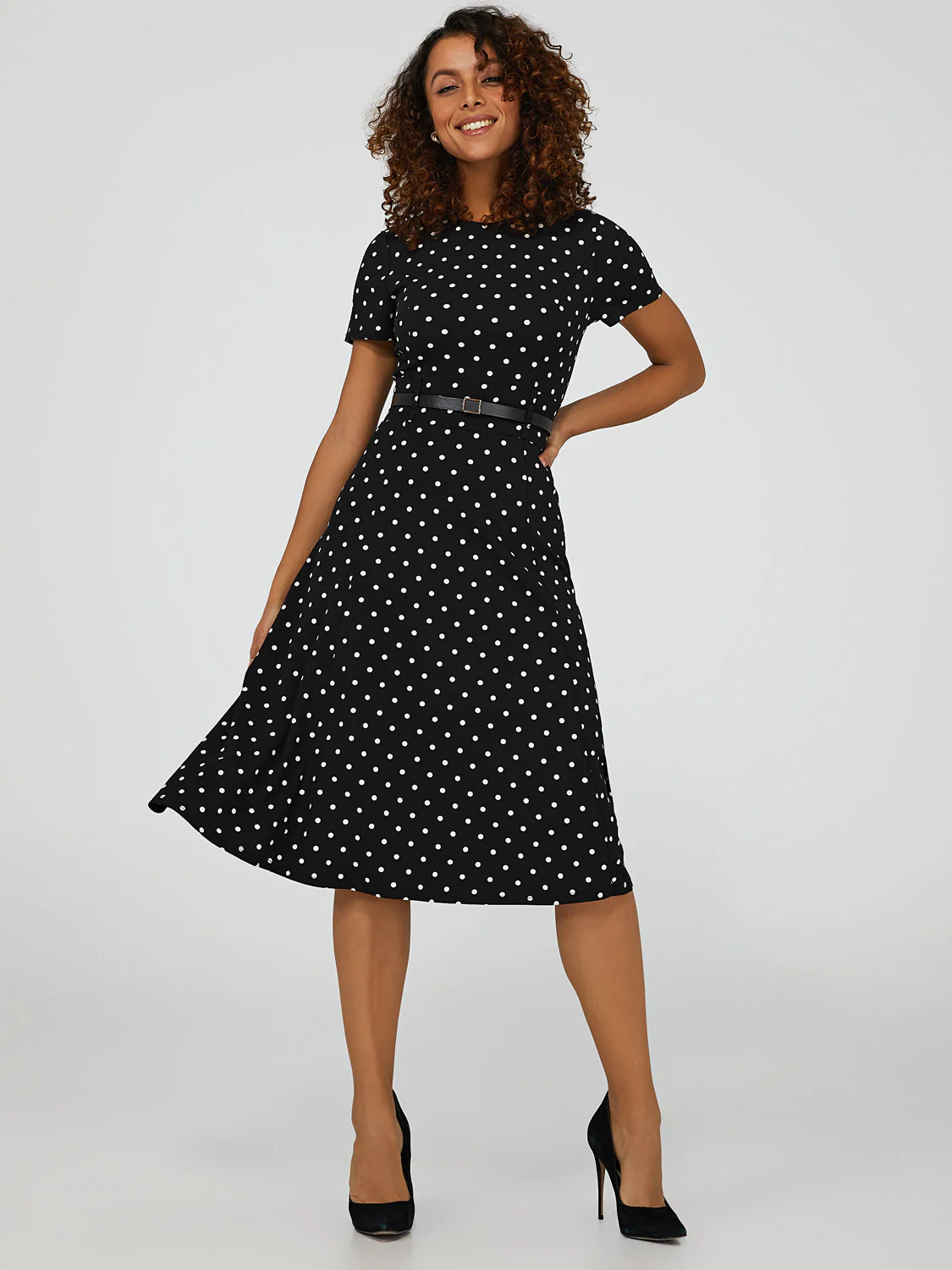 Polka Dot Belted Midi Dress