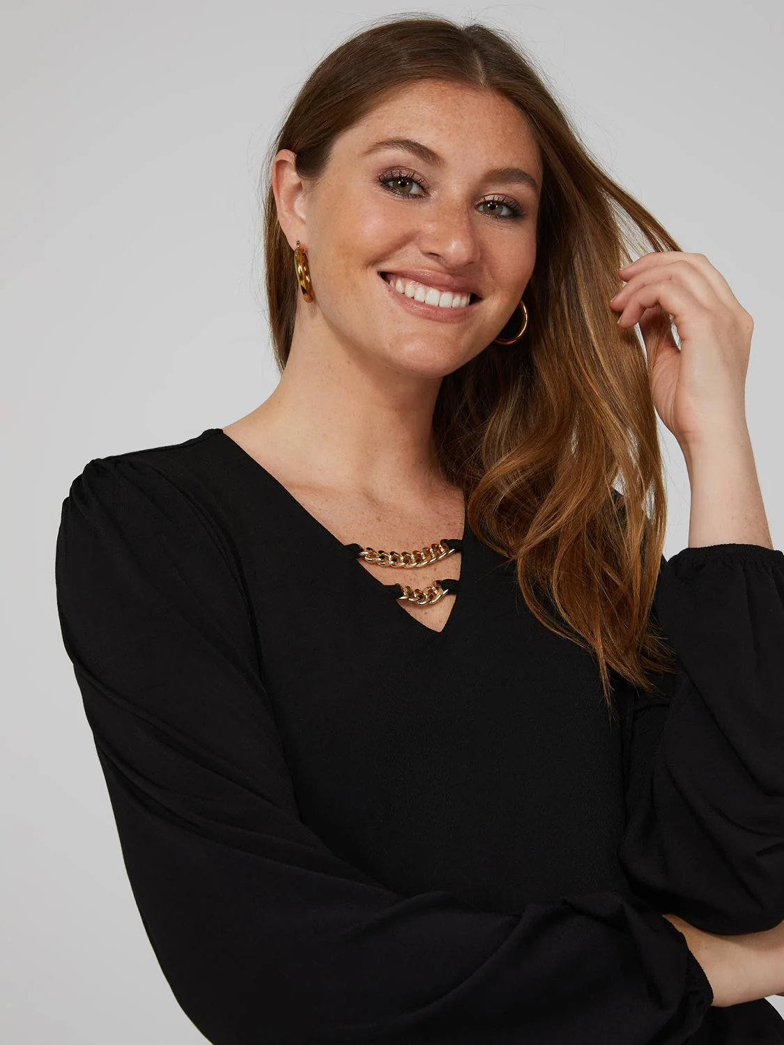 Textured Crepe Long Sleeve Top With Metal Chain Detail