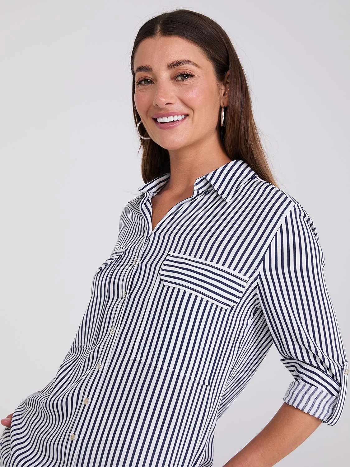 Striped Button-Up V-Neck Blouse