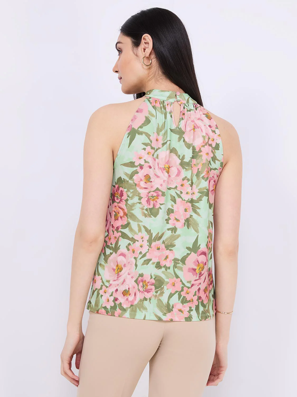 Sleeveless Floral Print Mock Neck Top