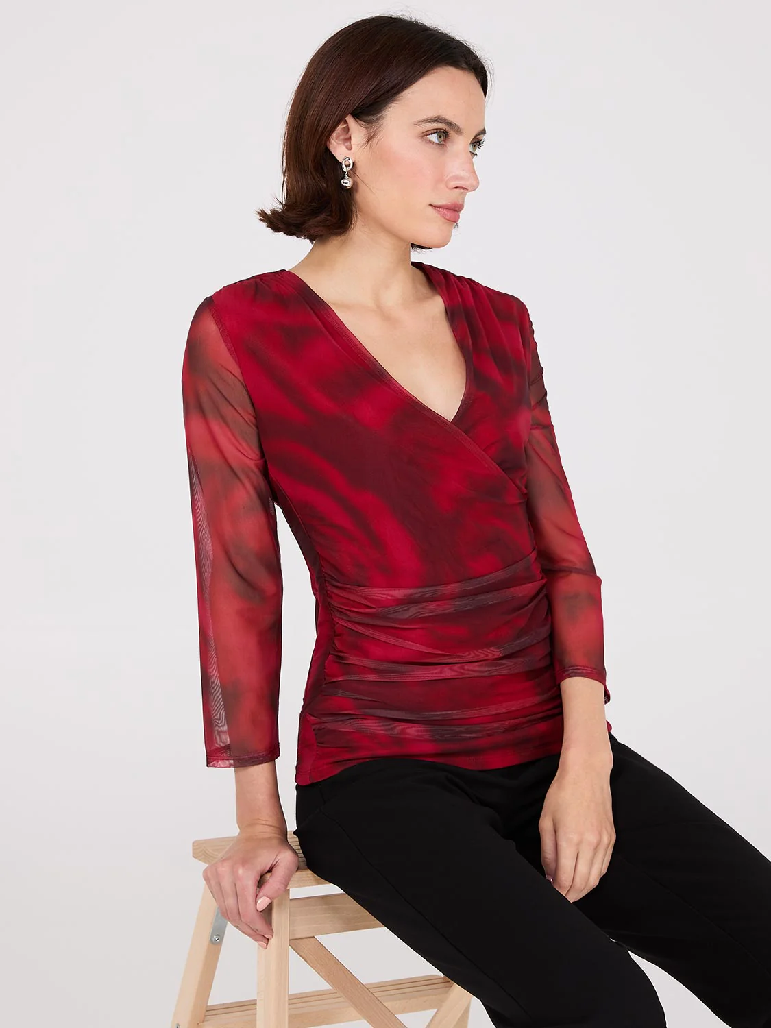 Rose Print Crossover Mesh Top