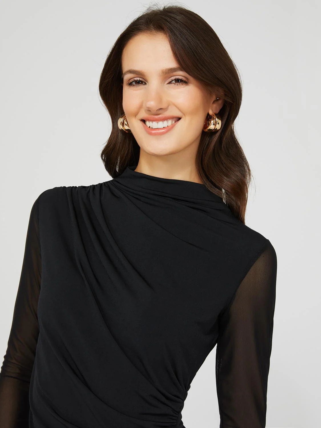 Mock Neck Ruched Jersey Top With Mesh Long Sleeves