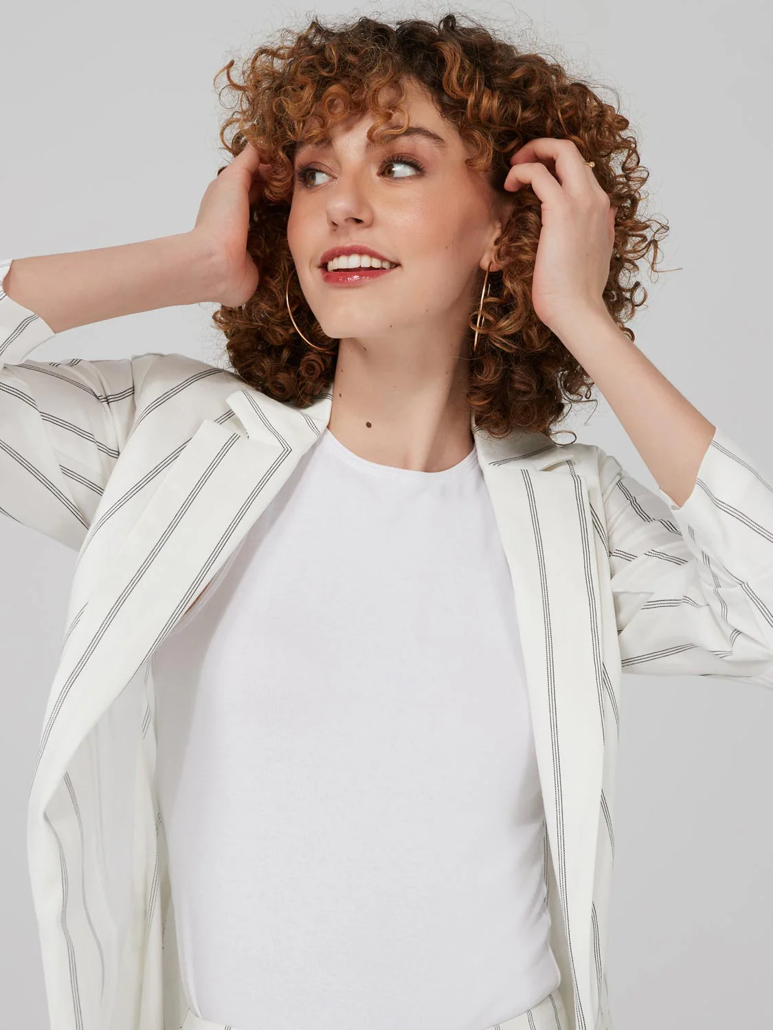 Striped 3/4 Sleeve Blazer With Ruching