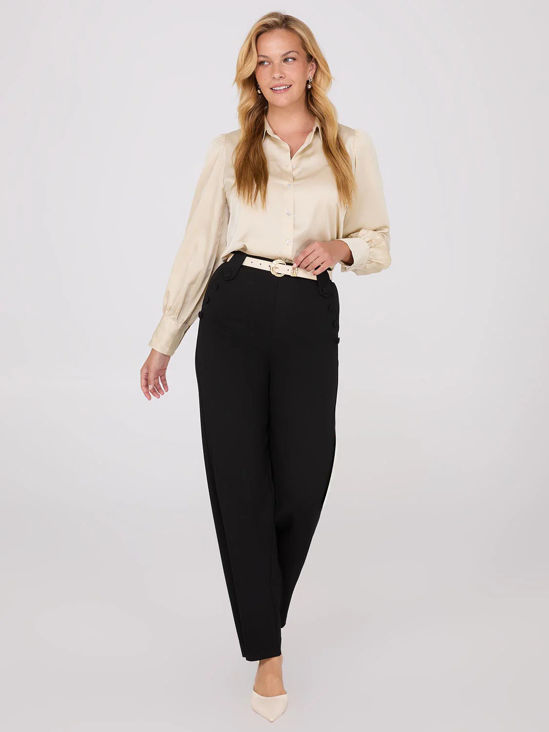 Satin Volume Sleeve Button-Front Blouse