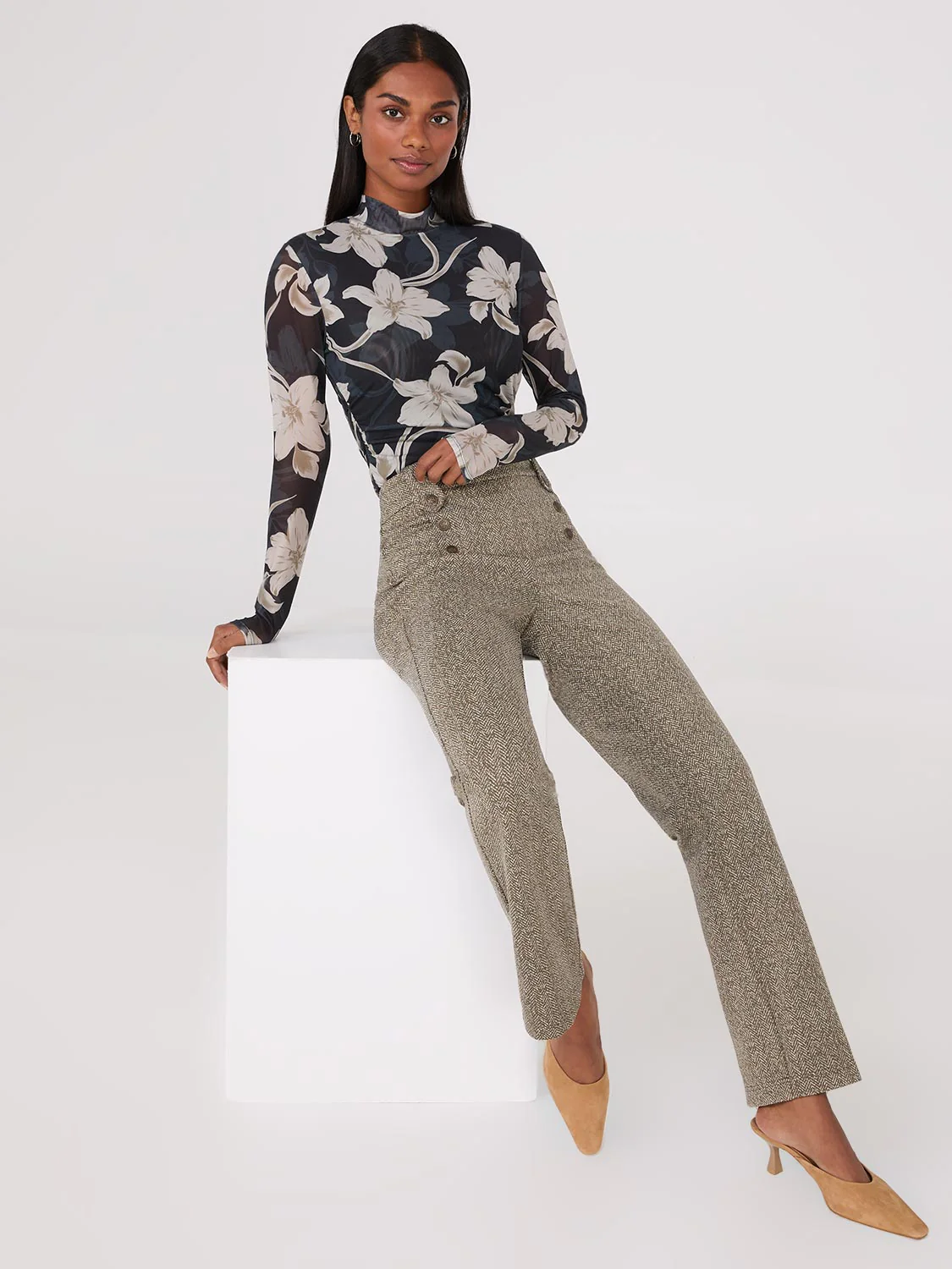 Floral Print Mock Neck Mesh Top