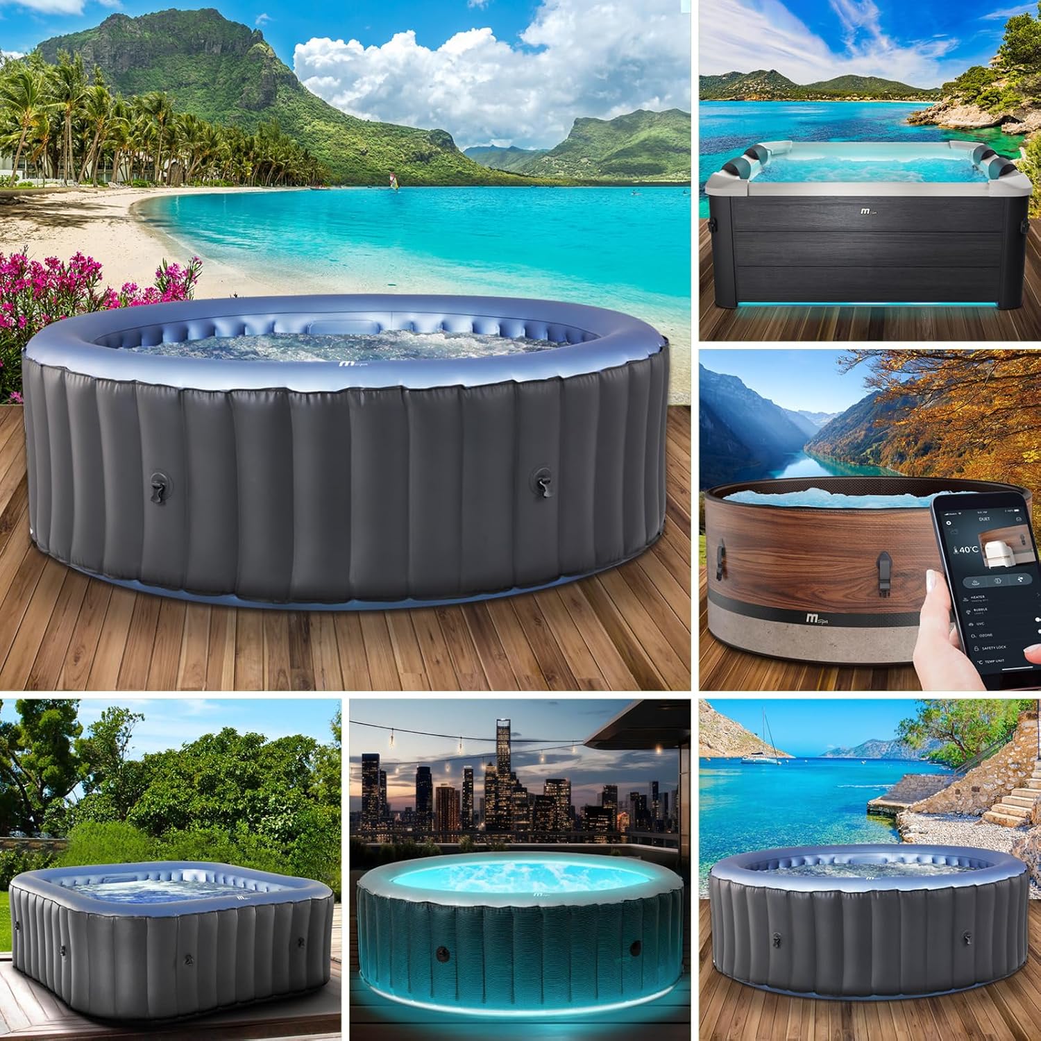 BRAST® MSpa Inflatable Whirlpool. 4-8 People. Many Models. Round and Square. Diameter 125-224 cm. Indoor. Outdoor Pool. Up to 144 Massage Jets. Includes Inflation Function Cover. Timer Heating. Bergen collection | LIDL