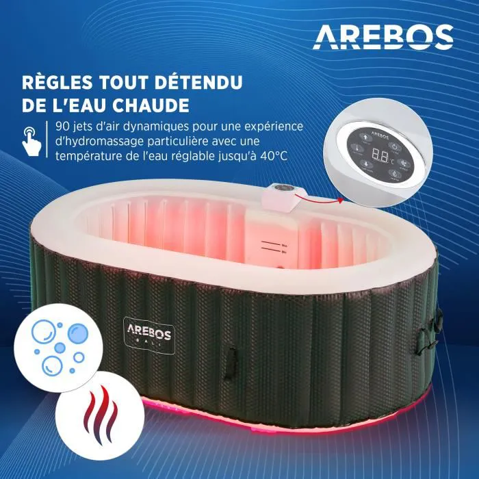 AREBOS Spa Gonflable avec éclairage LED | Gonflable | Intérieur & Extérieur | 190x120 cm Ovale | 2 Personnes collection | LIDL