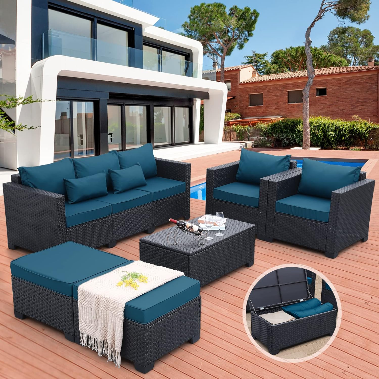 Rattaner Patio Furniture Set 6 Pieces Couch Outdoor Chairs Coffee Table Peacock Blue Anti-Slip Cushions and Waterproof Covers collection | LIDL