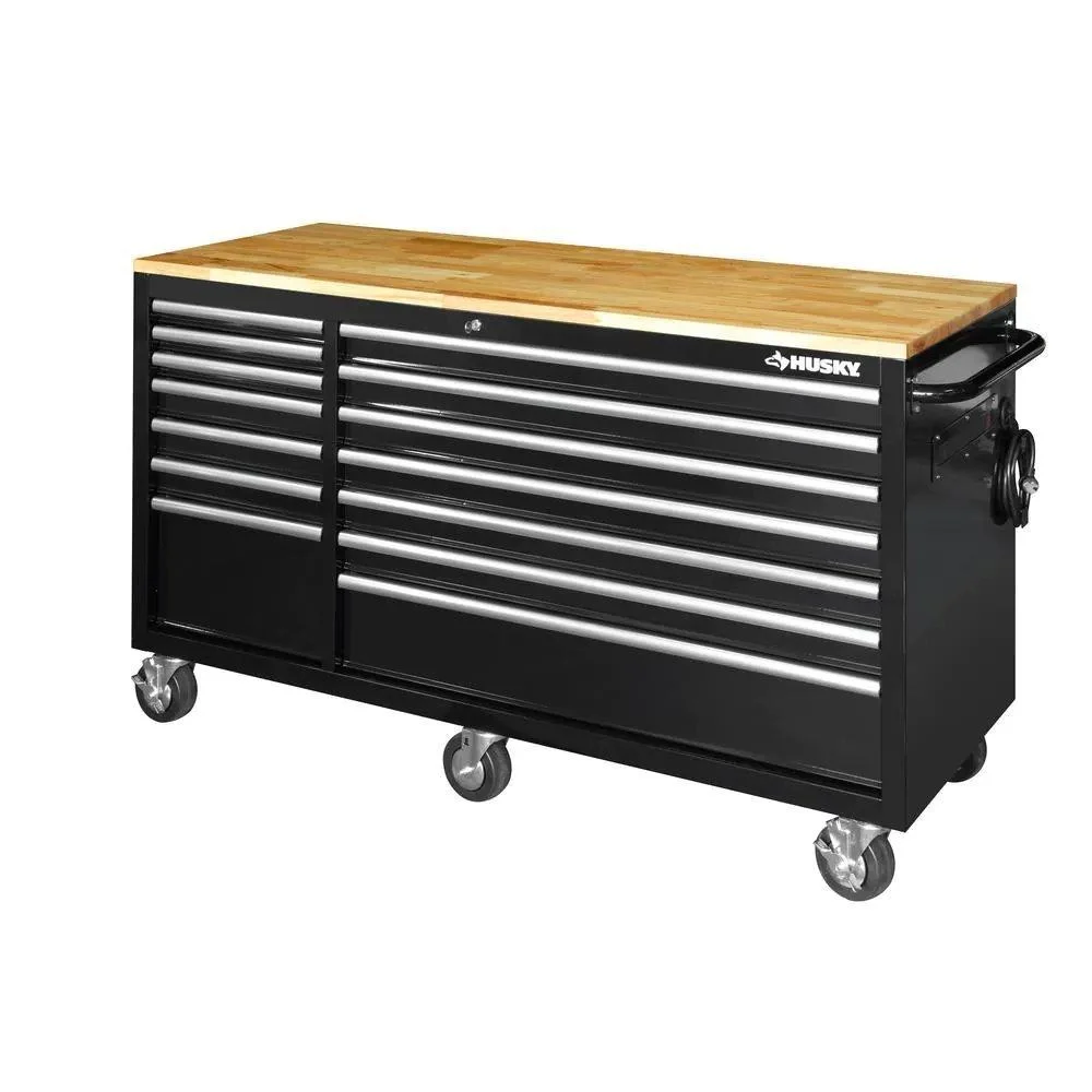 62 in. 14-Drawer Mobile Workbench with Solid Wood Top. Black collection | LIDL