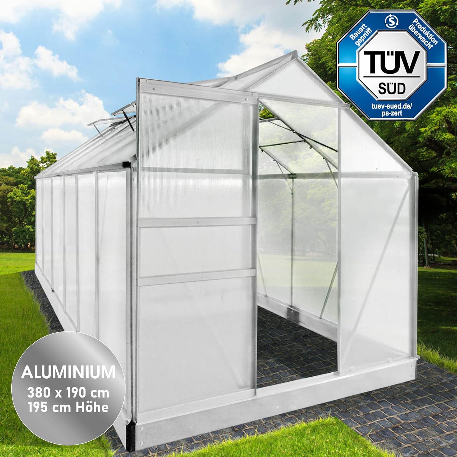 BRAST Aluminium Greenhouse with Base 380 x 190 x 195 cm. TÜV Tested. 6 mm Hollow Chamber Panels. Rustproof/Weatherproof/Temperature-Resistant collection | LIDL