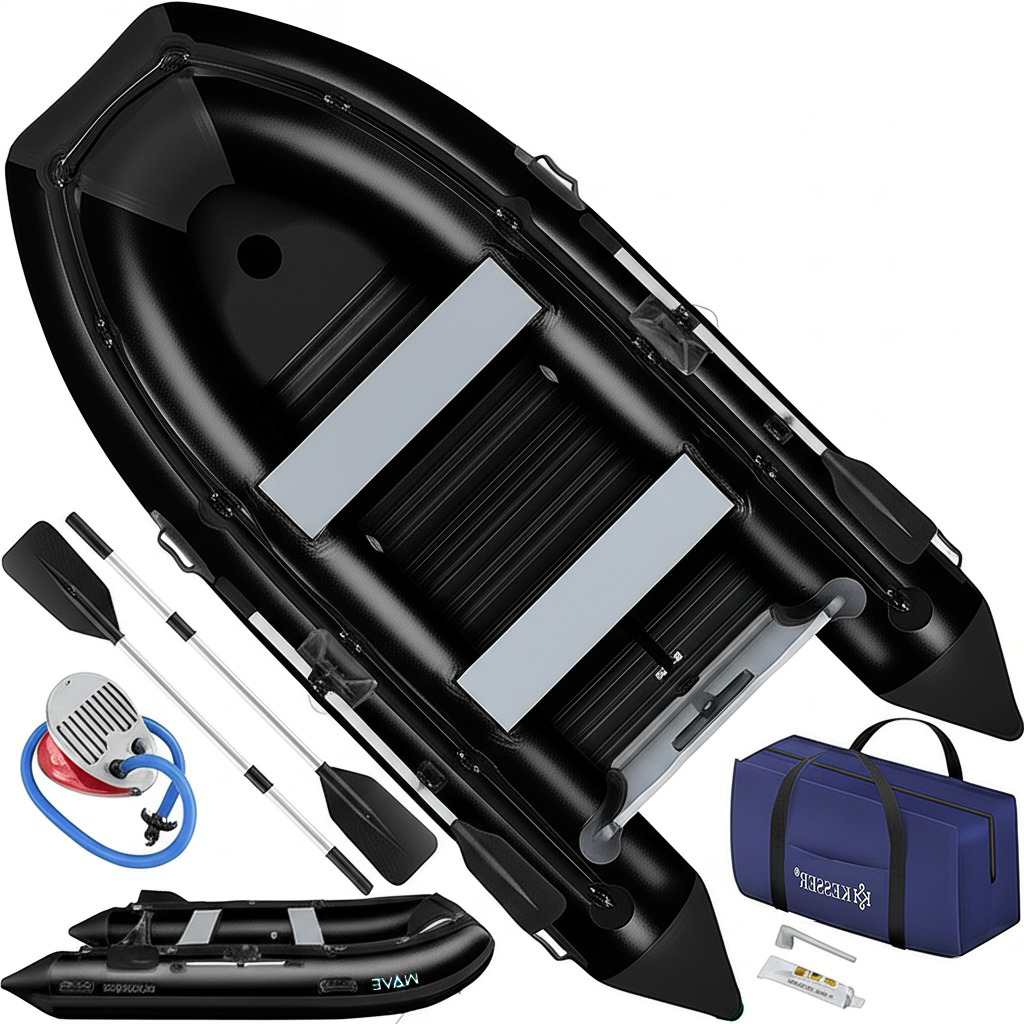 KESSER® Inflatable Boat 3.20 m for 4 People - Wave Motor Suitable Leisure Boat Paddle Boat Motor Boat Fishing Boat - with 2 Benches - Aluminium Base Paddle Pump Repair Kit & Bag Inflatable PVC collection | LIDL