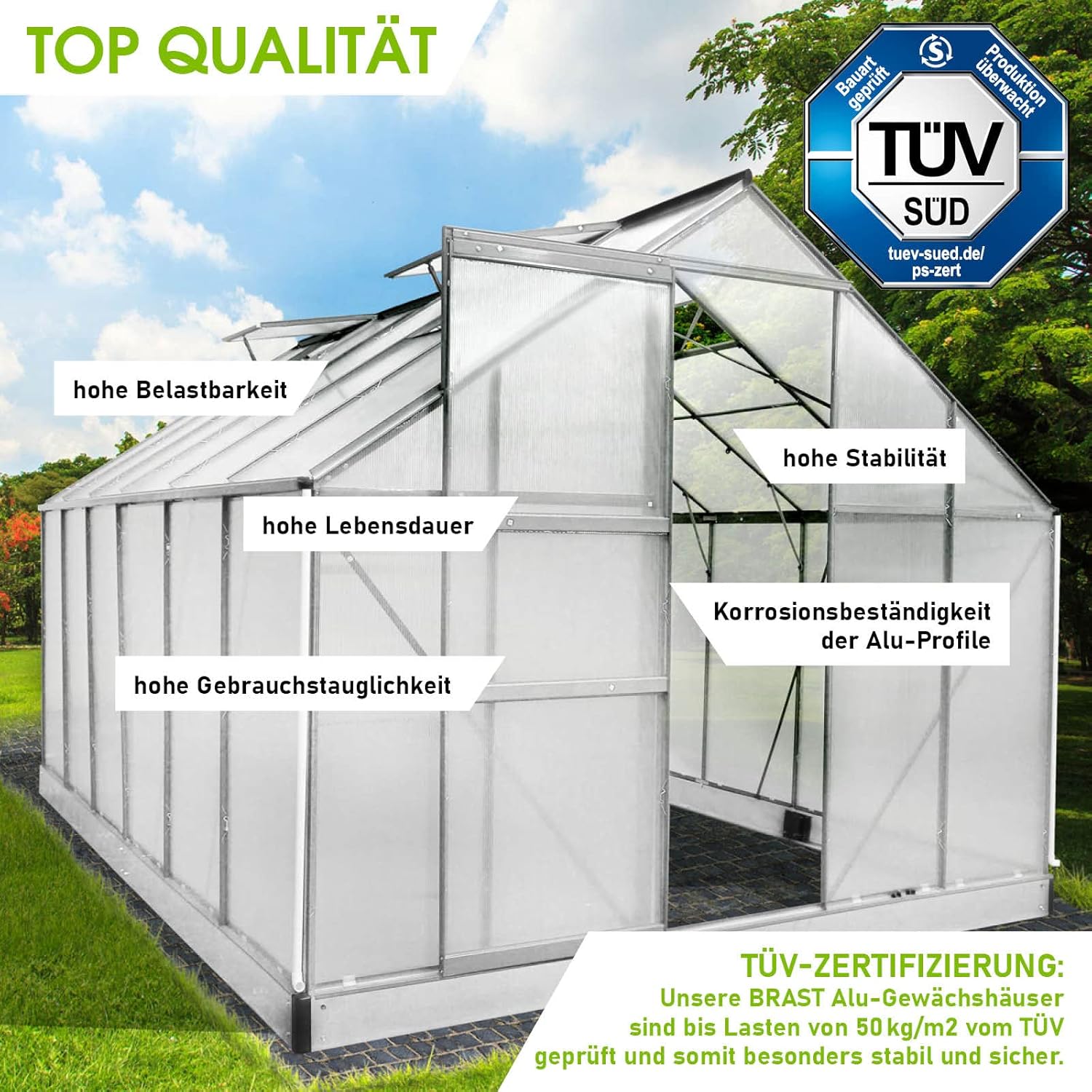 BRAST Aluminium Greenhouse with Base 380 x 250 x 205 cm. TÜV Tested. 6 mm Hollow Chamber Panels. Rustproof/Weatherproof/Temperature-Resistant collection | LIDL
