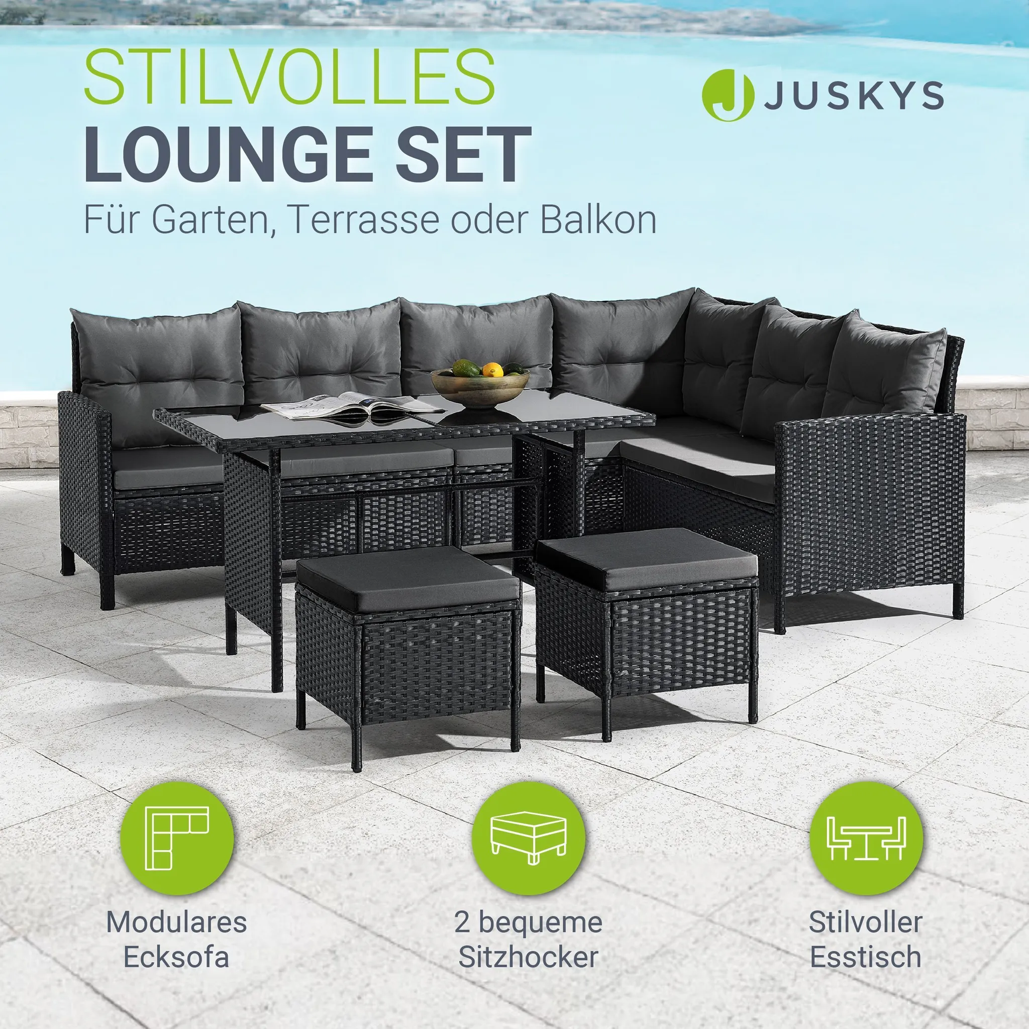 Juskys Polyrattan Lounge Manacor - Sofa. Tisch. Hocker & Kissen - Schwarz & Grau collection | LIDL