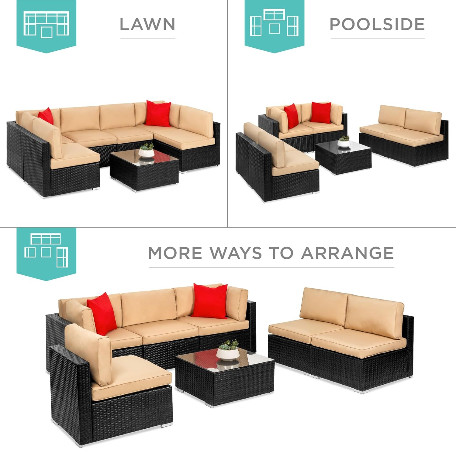 7-Piece Modular Outdoor Sectional Wicker Patio Conversation Set w/ 2 Pillows. Coffee Table collection | LIDL