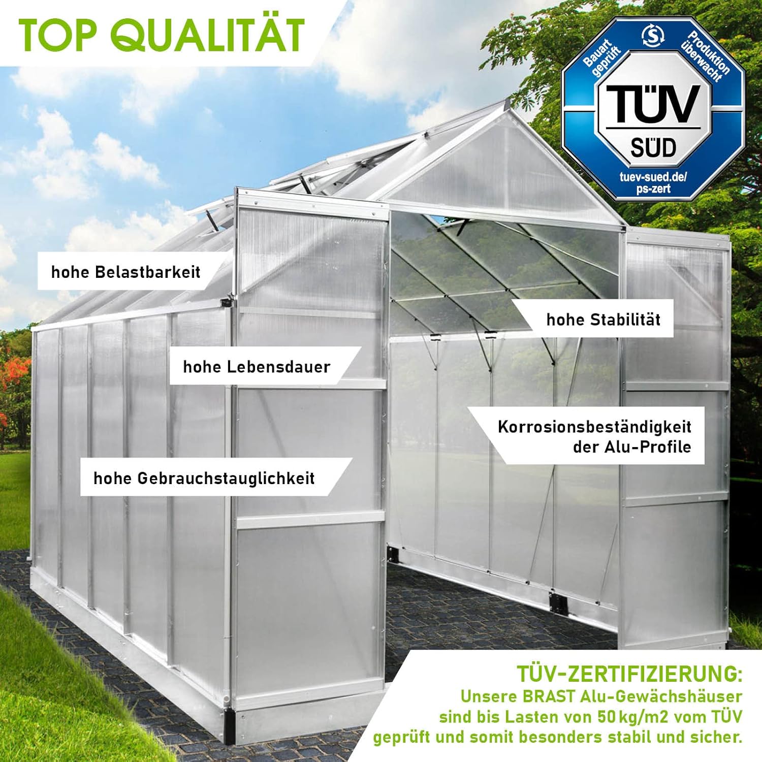 BRAST Aluminium Greenhouse with Base 310 x 250 x 235 cm. TÜV Tested. 6 mm Hollow Chamber Panels. Rustproof/Weatherproof/Temperature-Resistant collection | LIDL
