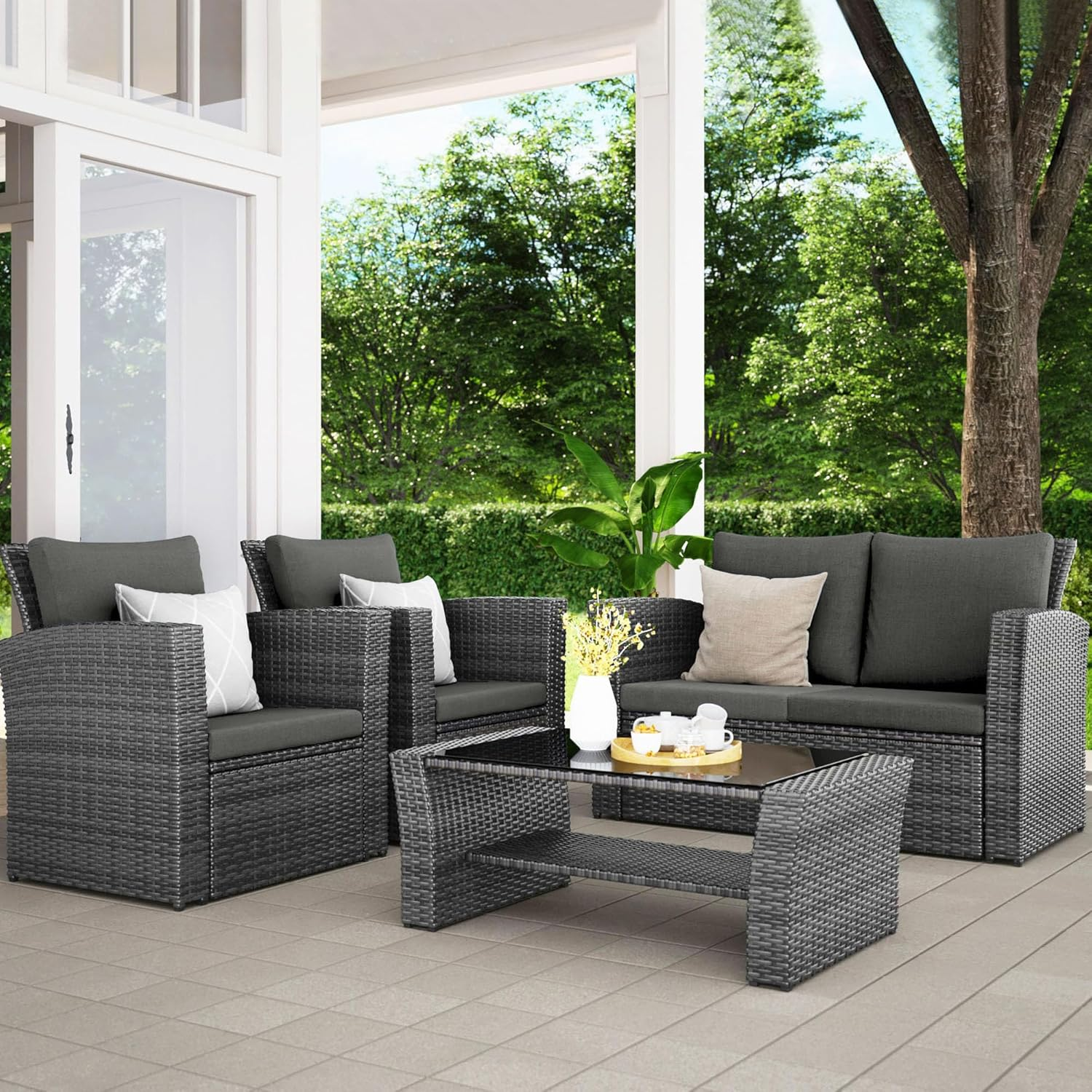 Wisteria Lane 4 Piece Outdoor Patio Furniture Sets. Wicker Conversation Set for Porch Deck. Grey Rattan Sofa Chair with Cushion collection | LIDL
