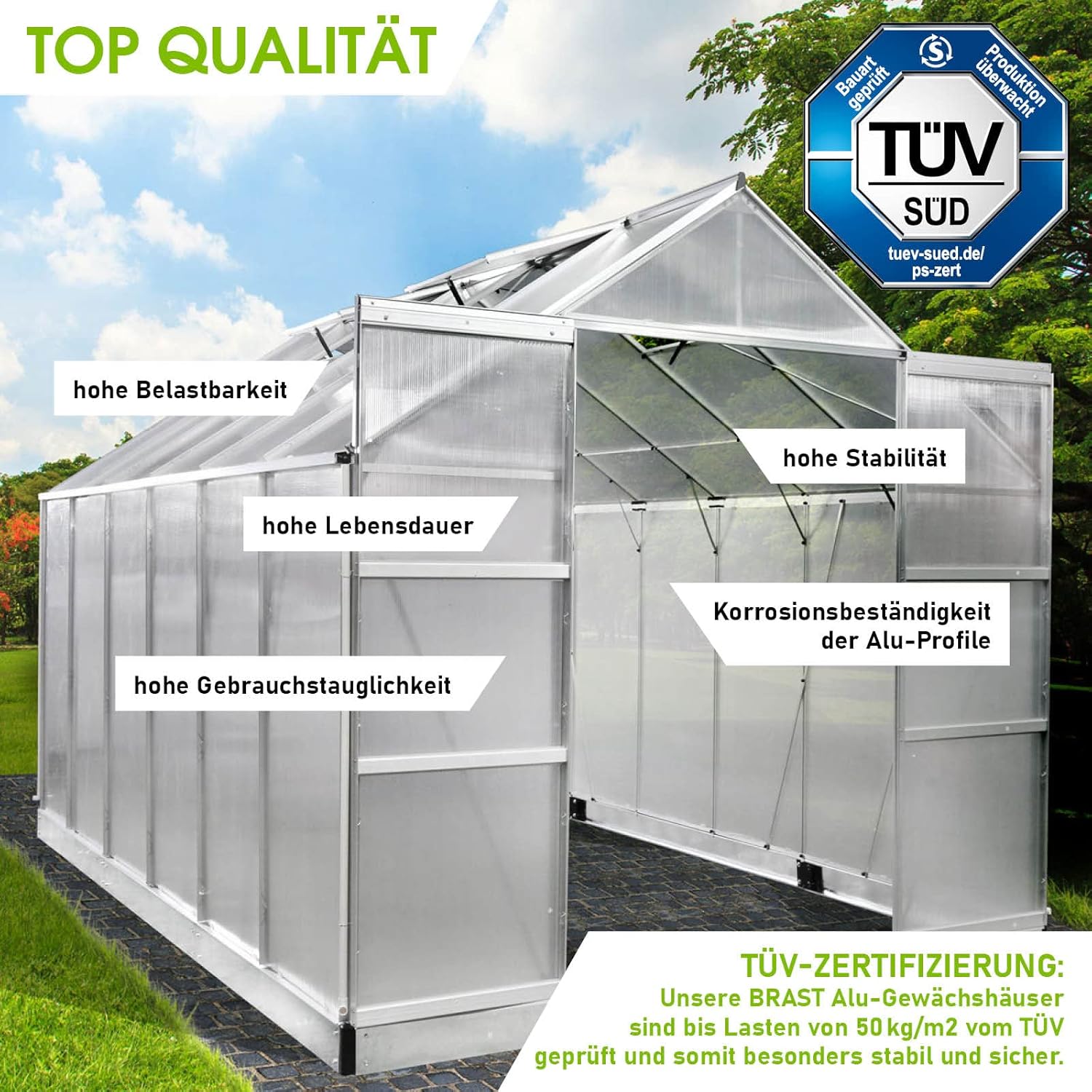 BRAST Aluminium Greenhouse with Base.380 x 250 x 235 cm. TÜV Tested. 6 mm Hollow Chamber Panels. Rustproof/Weatherproof/Temperature-Resistant collection | LIDL
