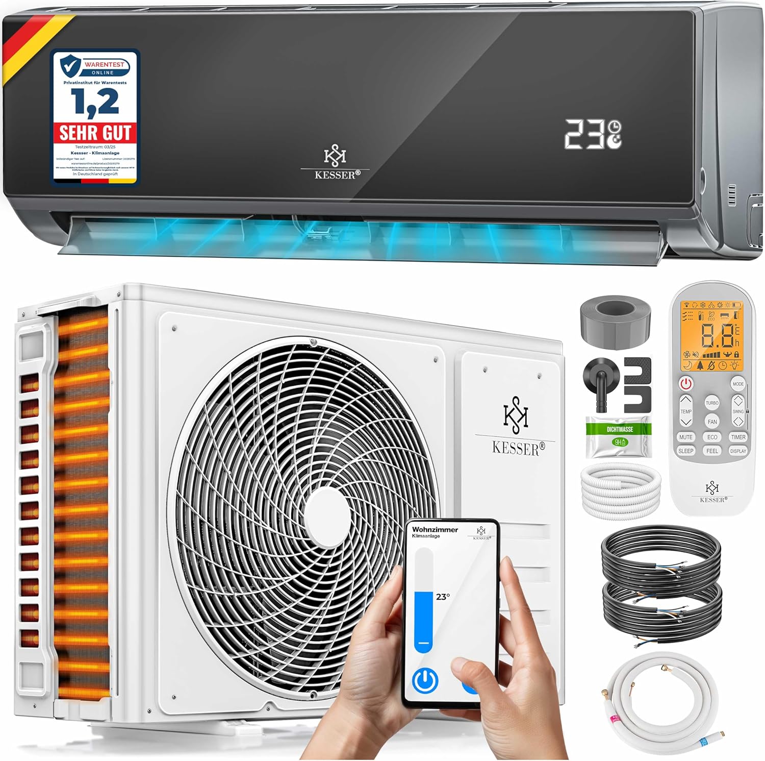 KESSER® Air Conditioner Set with Split System - with WiFi/App Function - Cooling A++/Heating A+ - 12000 BTU/h (3400 Watts). Refrigerant R32 - Remote Control. Timer Function - incl. Complete Mounting collection | LIDL