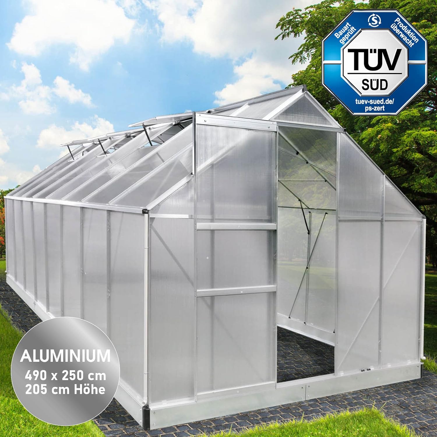 BRAST Aluminium Greenhouse with Base 490 x 250 x 205 cm. TÜV Tested. 6 mm Hollow Chamber Panels. Rustproof/Weatherproof/Temperature-Resistant collection | LIDL