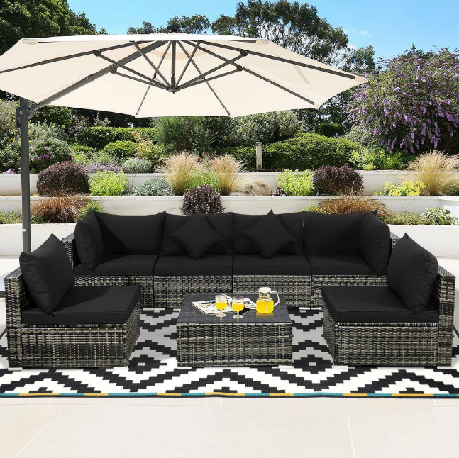 7-Piece Wicker Patio Conversation Set with Black Cushions collection | LIDL