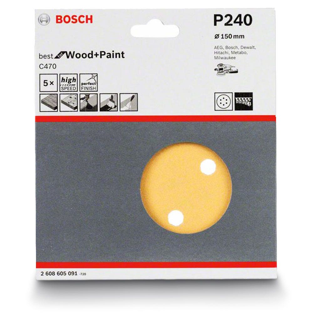 BOSCH 150mm 240-Grit 6-Hole Hook & Loop Sanding Disc for Wood & Paint - C470 - 5 Piece collection | LIDL