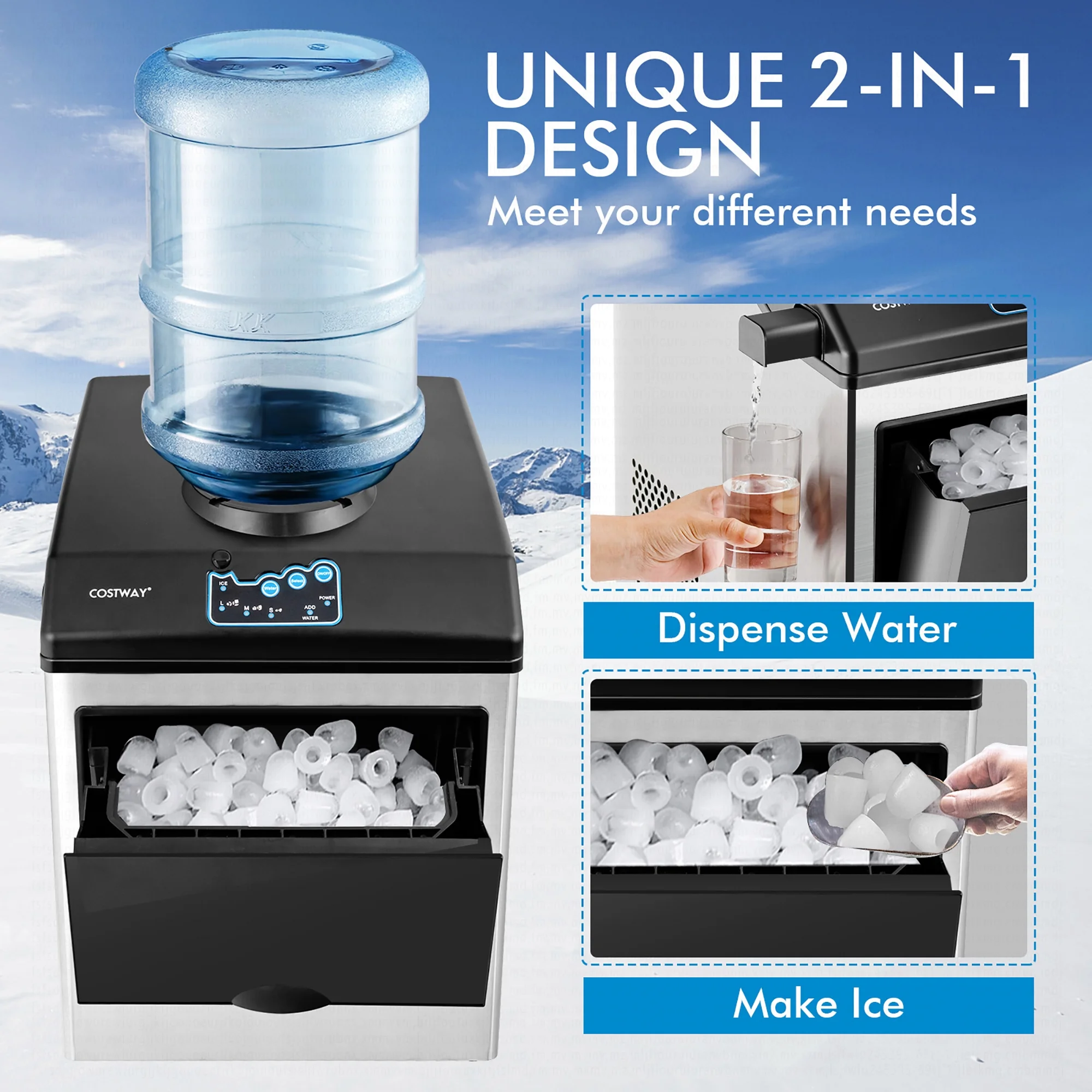Costway 2-in-1 Stainless Steel Countertop Ice Maker Water Dispenser 48Lbs/24H w/ Scoop collection | LIDL