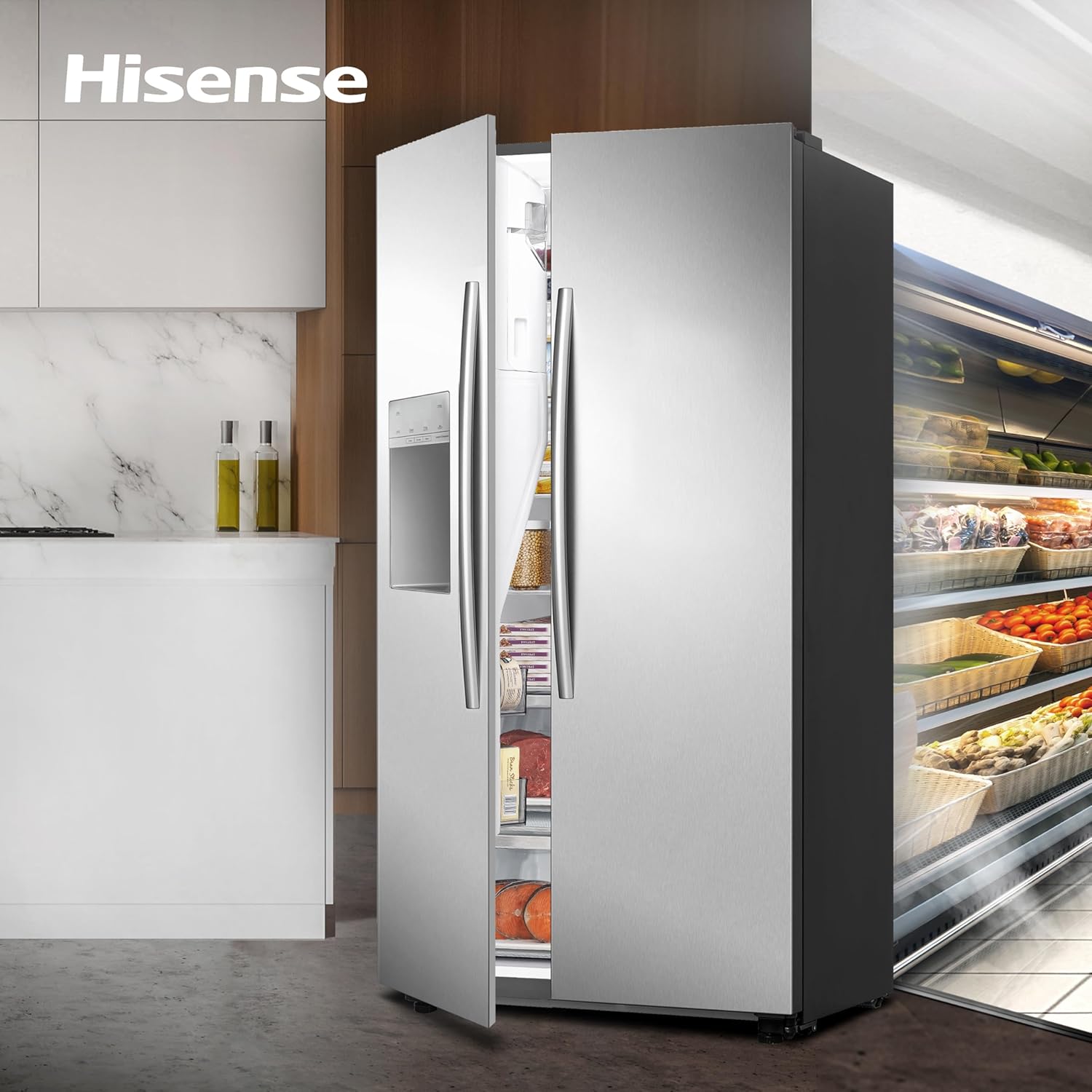 Hisense RS694N4ICE Freestanding American Side-by-Side Fridge Freezer - Total No Frost - Plumbed Water and Ice Dispenser - 562 liters - Stainless Steel - E Rated [Energy Class E] collection | LIDL