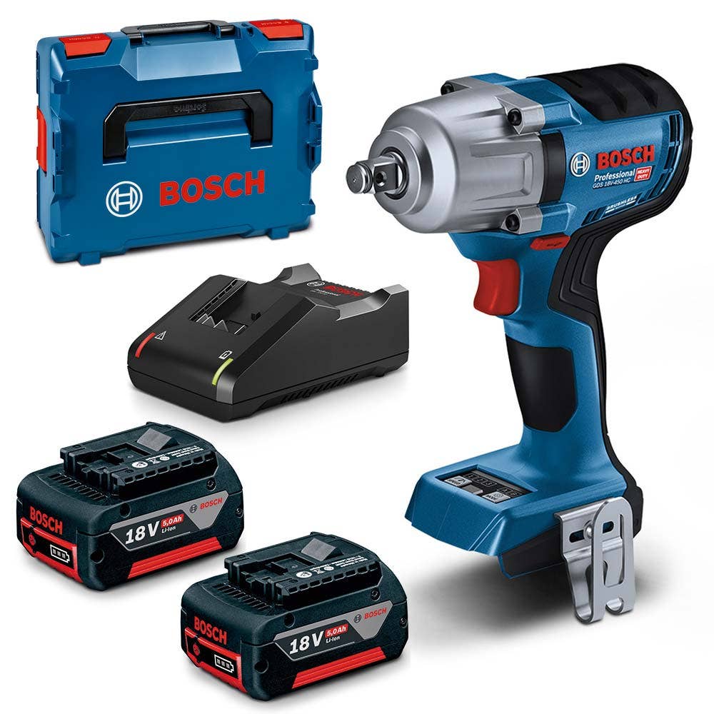 BOSCH 18V Brushless 2 x 5.0Ah 1/2inch Impact Wrench Kit GDS 18V-450 HC 06019K4041 collection | LIDL
