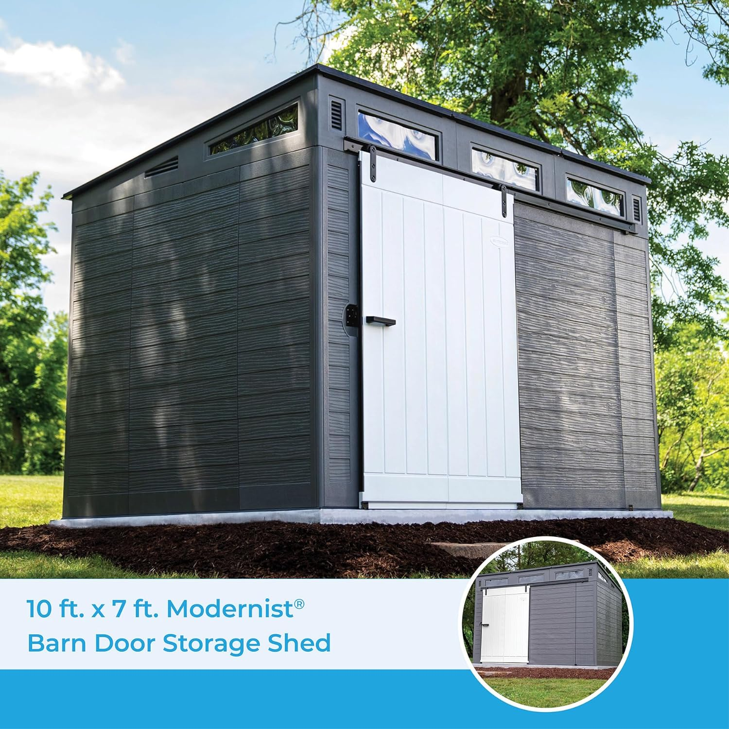 Suncast Modernist 10 Foot by 7 Foot Outdoor Plastic Storage Shed with Pad Lockable Sliding Barn Door for Outdoor Storage Items. Gray and Black collection | LIDL