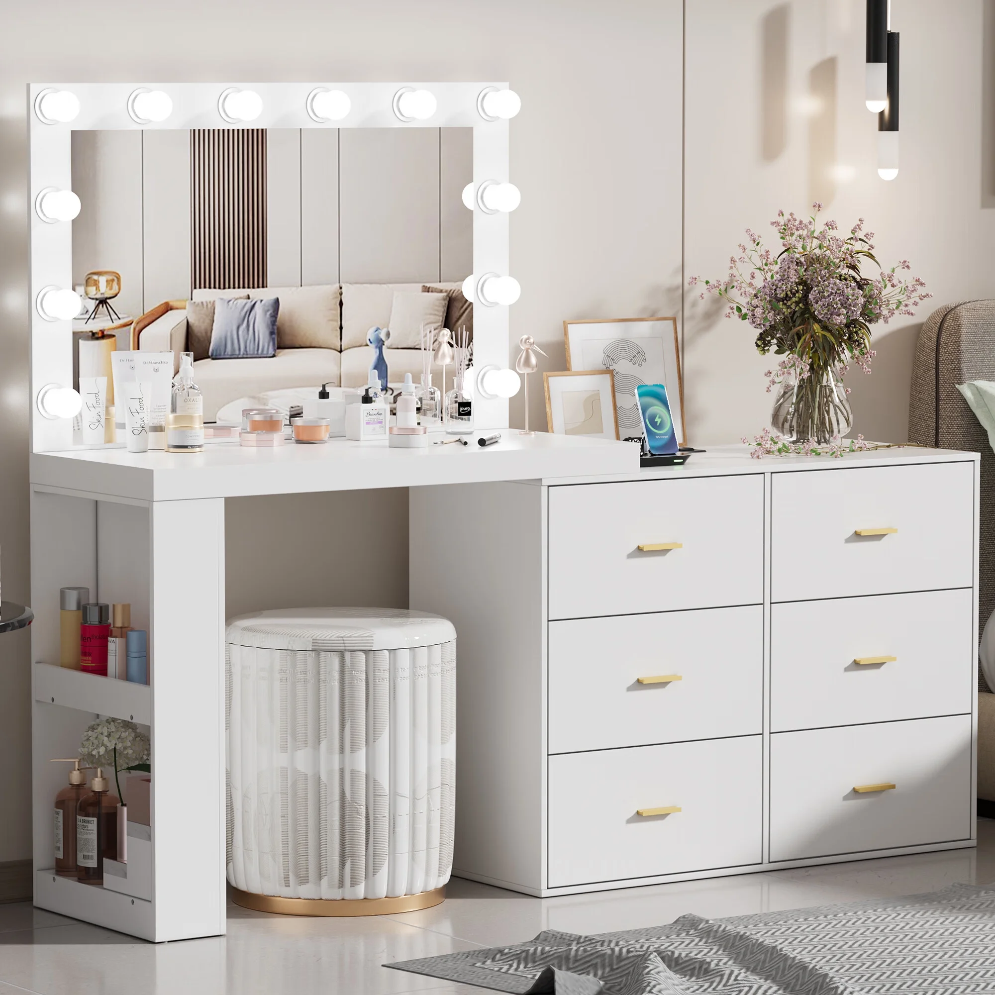 PAKASEP Makeup Vanity Desk with Mirror. 3-Color Lights. Charging Station. 6 Drawers. and Side Storage Shelves for Bedroom. White Vanity Dressing Table collection | LIDL