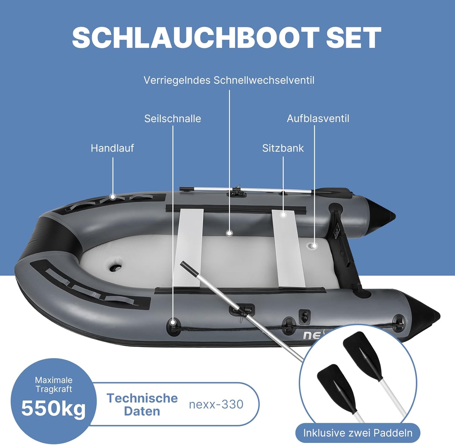 NEXX Professional Inflatable Boat 330 cm with Air Bottom with Carry Bag. 2 Paddles and Repair Kit Light Grey collection | LIDL