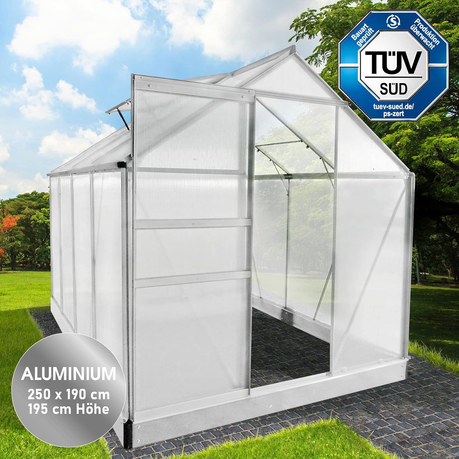 BRAST Aluminium Greenhouse with Base 190 x 190 x 195 cm. TÜV Tested. 6 mm Hollow Chamber Panels. Rustproof/Weatherproof/Temperature-Resistant collection | LIDL