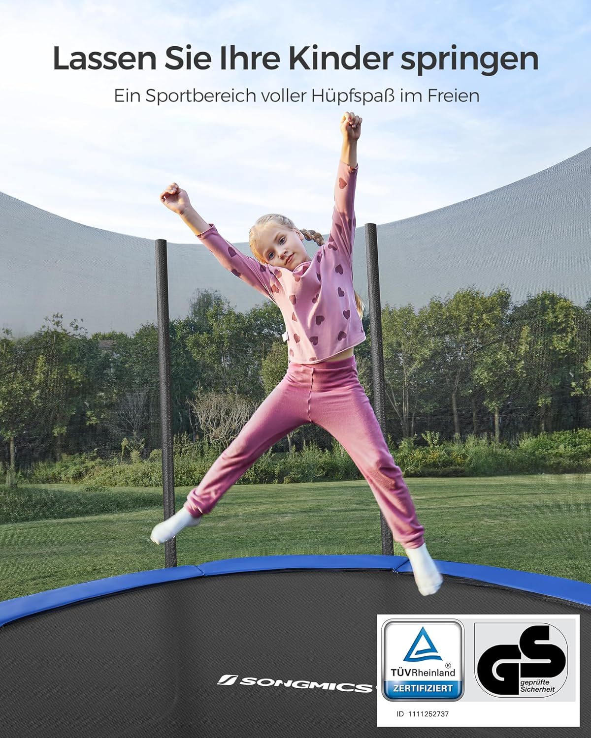 SONGMICS Outdoor Trampoline Ø 244cm. Round Garden Trampoline with Safety Net. Ladder and Padded Poles collection | LIDL