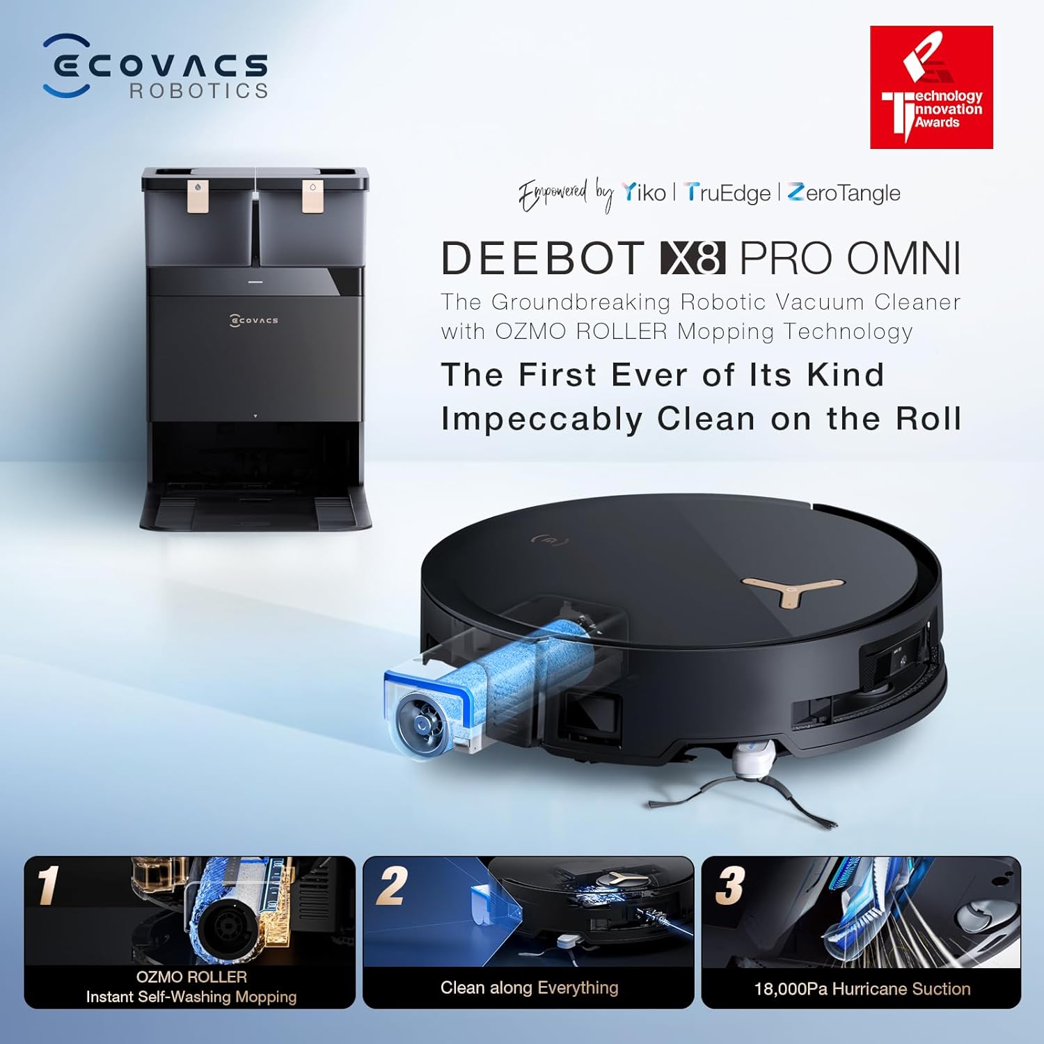 ECOVACS DEEBOT X8 PRO OMNI Robot Vacuum and Mop. 18000Pa. OZMO ROLLER Instant Self-Washing Mopping. 40-75℃ Hot Water Mop Washing. Auto Cleaning Solution Adding. Hot Air-Drying. Self-Emptying. Black collection | LIDL