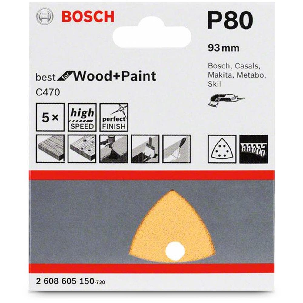 BOSCH 93mm 80-Grit 6-Hole Hook & Loop Delta Sanding Sheet for Wood & Paint - C470 - 5 Piece collection | LIDL