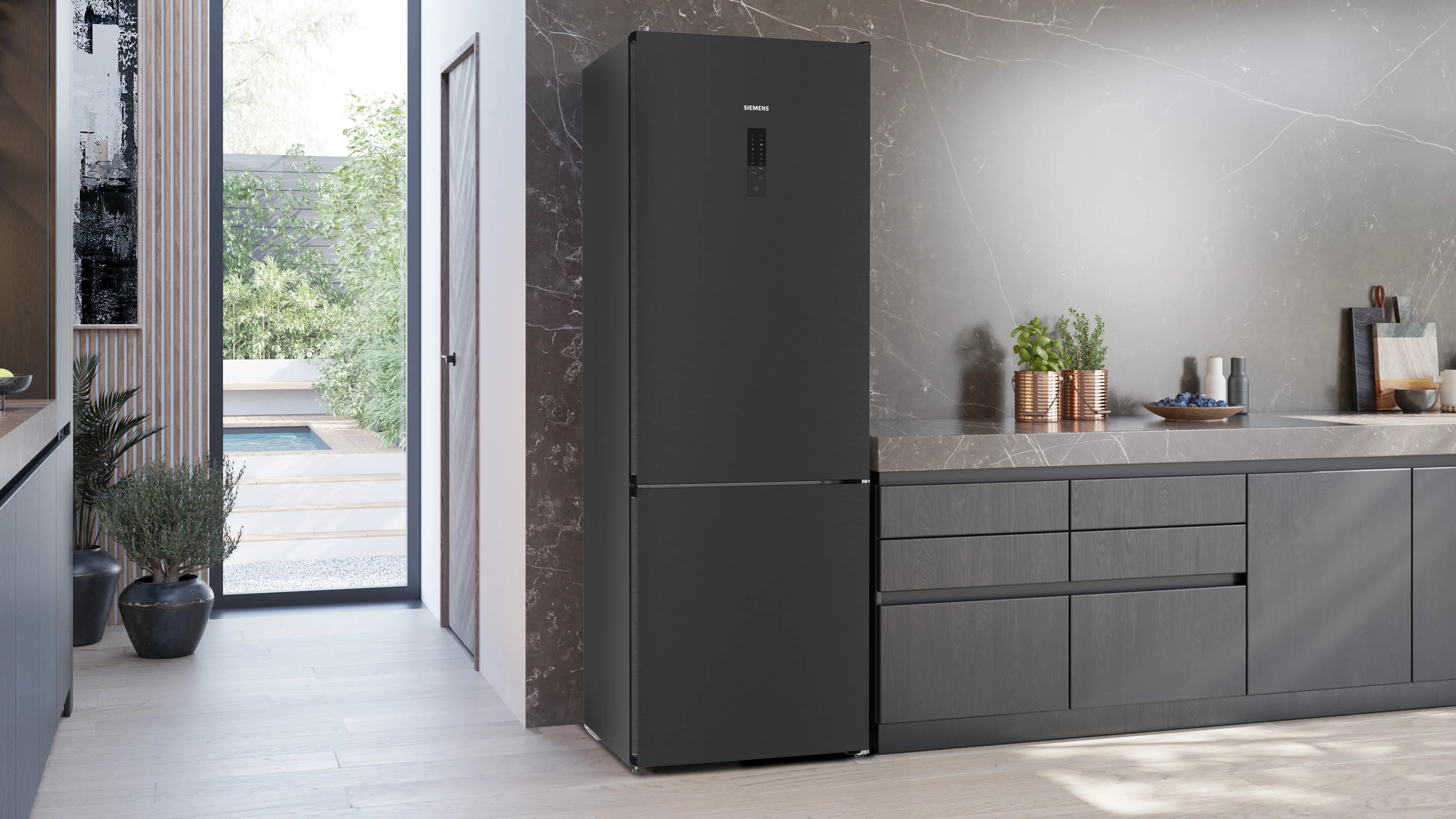 SIEMENS KG49NXXCF iQ300 Free-standing fridge-freezer with freezer at bottom 203 x 70 cm Brushed black steel antiFingerprint. Total noFrost collection | LIDL