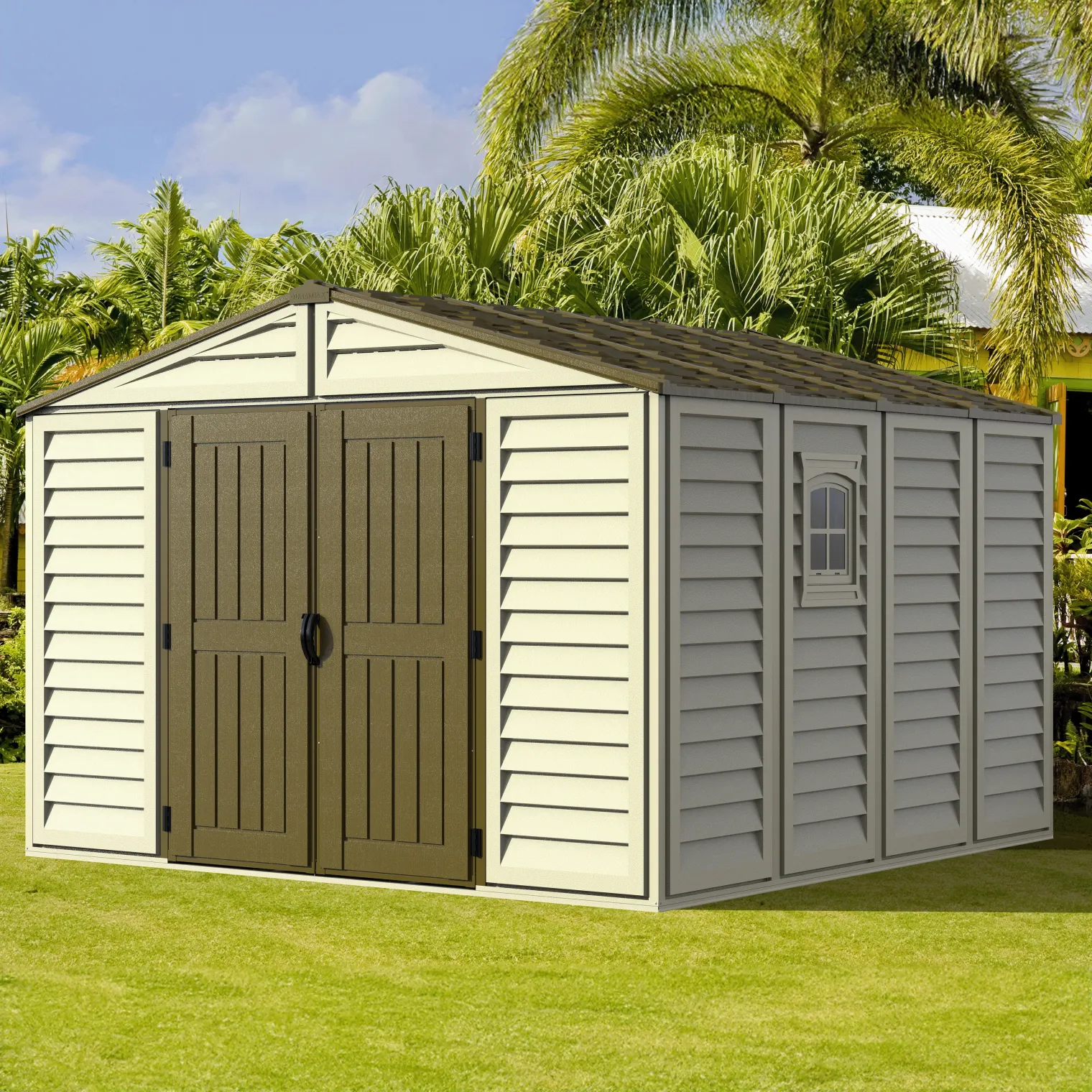 DuraMax 10.5ft x 10.5 ft Woodbridge Plus Vinyl Shed w/ Foundation Kit & Window collection | LIDL
