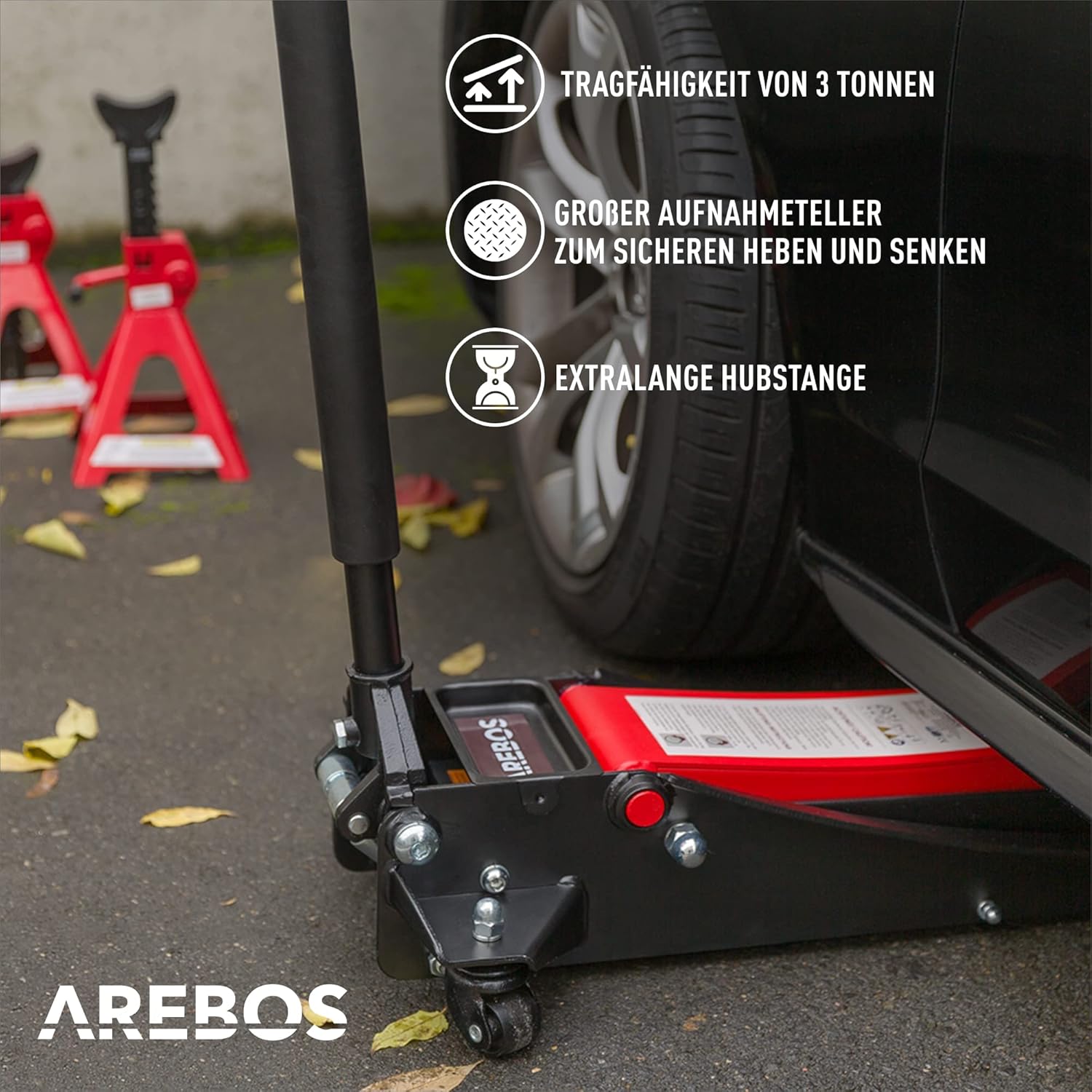 Arebos 3T Hydraulic Trolley Jack Flat | Underride height 85-500 mm | Double piston | 3 supports | Car jack | Jack stand for vehicles and cars collection | LIDL