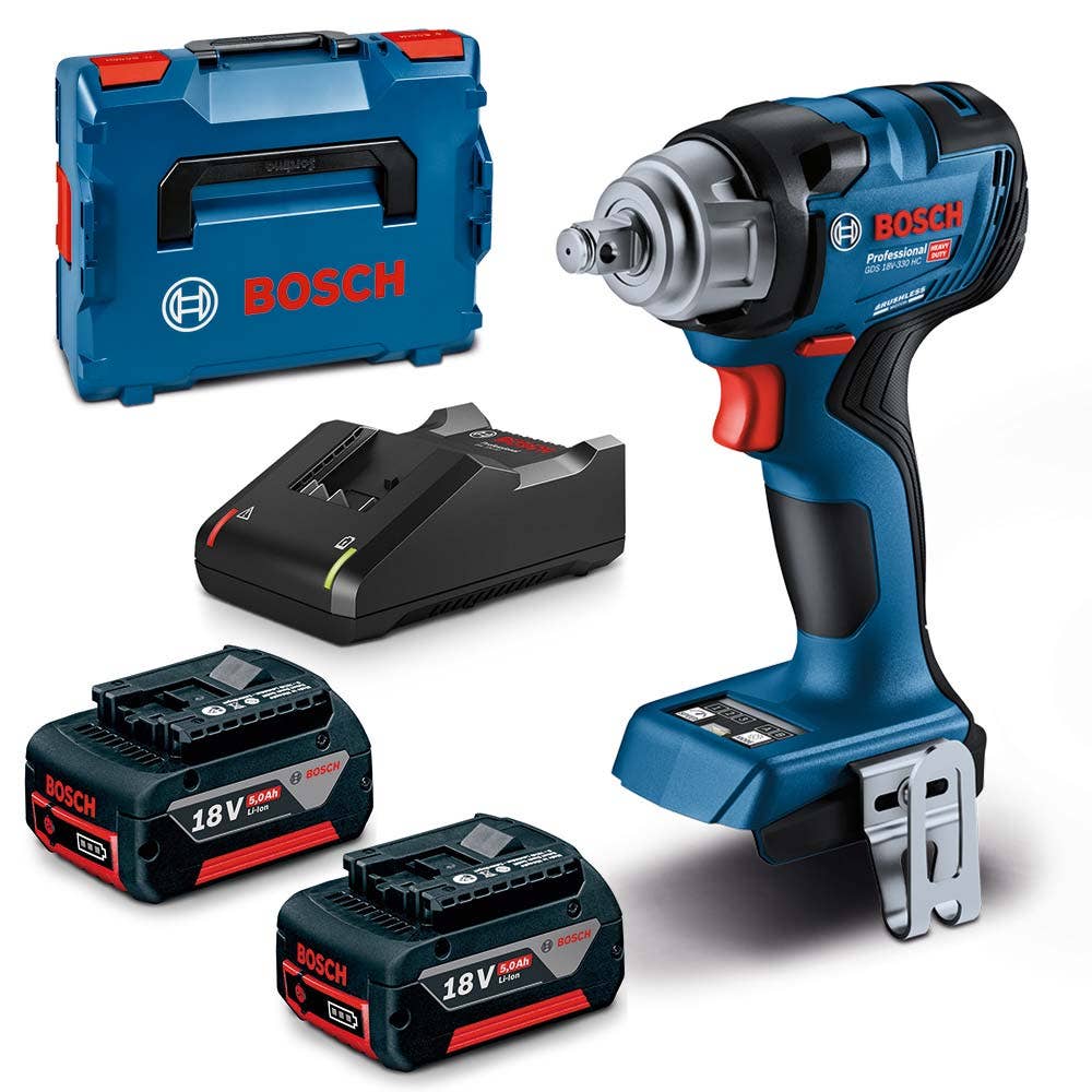 BOSCH 18V Brushless 2 x 5.0Ah 1/2inch Impact Wrench Kit GDS 18V-330 HC 06019L5041 collection | LIDL