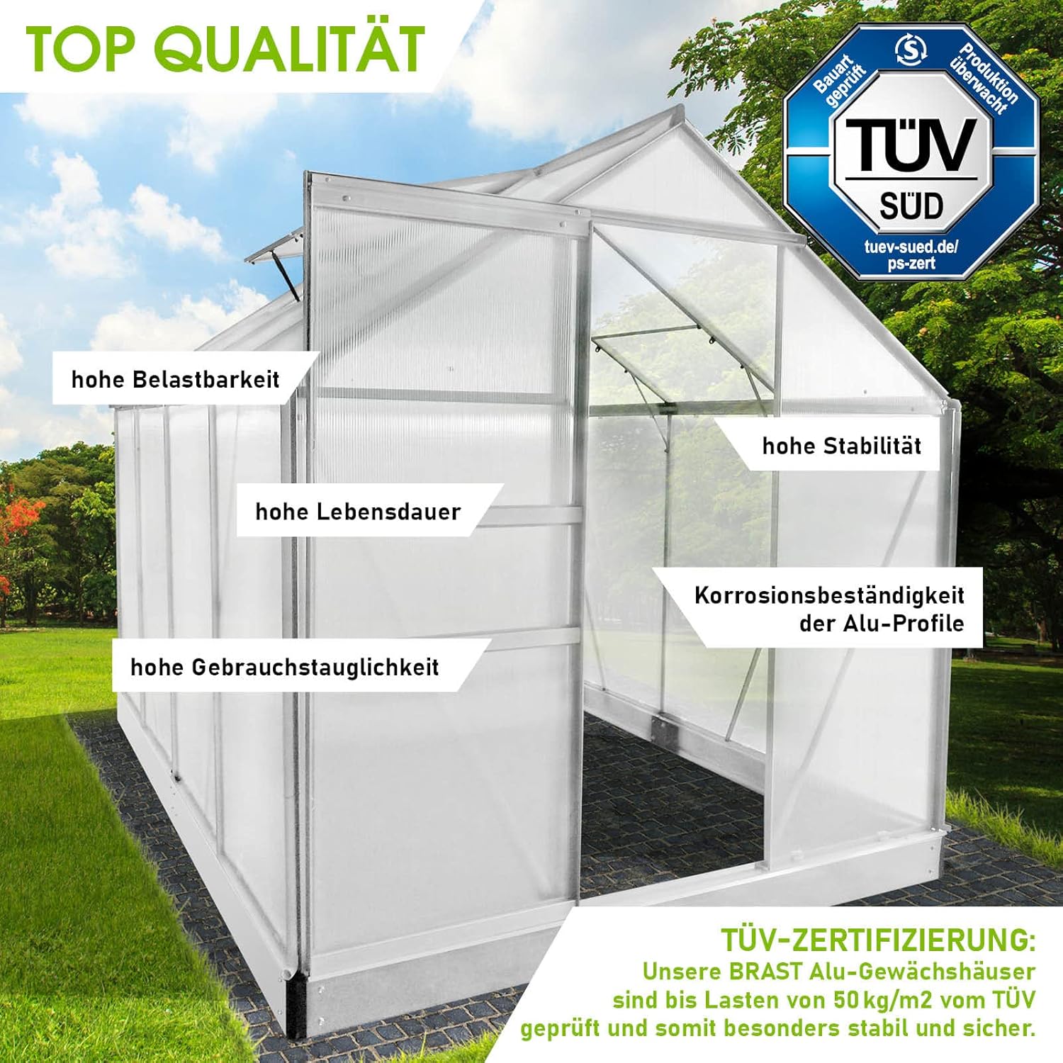 BRAST Aluminium Greenhouse with Base. 250 x 190 x 195 cm. TÜV Tested. 6 mm Hollow Chamber Panels Rustproof. Weatherproof. Temperature-Resistant collection | LIDL
