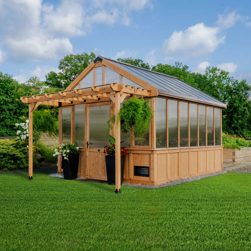 Backyard Discovery Bellerose XL 13' x 11' Cedar Wood and Polycarbonate Walk-In Outdoor Greenhouse Kit with Pergola collection | LIDL