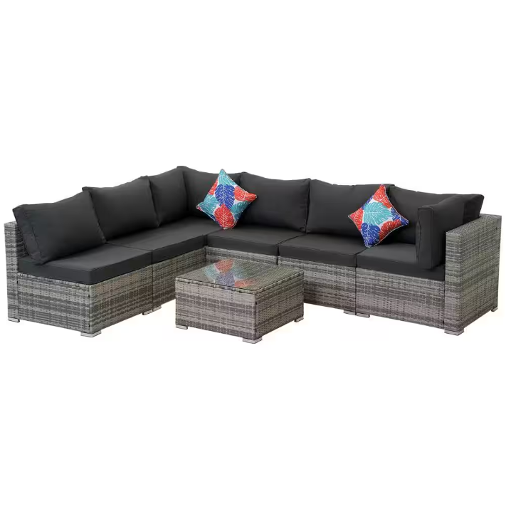 7-Piece Gray Wicker Outdoor Furniture Sectional Sofa with Dark Gray Cushion and Coffee Table collection | LIDL