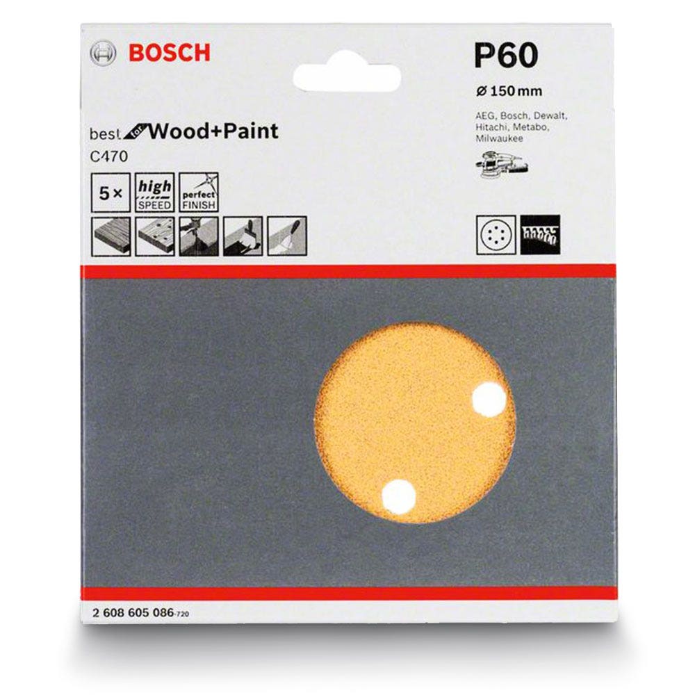BOSCH 150mm 60-Grit 6-Hole Hook & Loop Sanding Disc for Wood & Paint - C470 - 5 Piece collection | LIDL