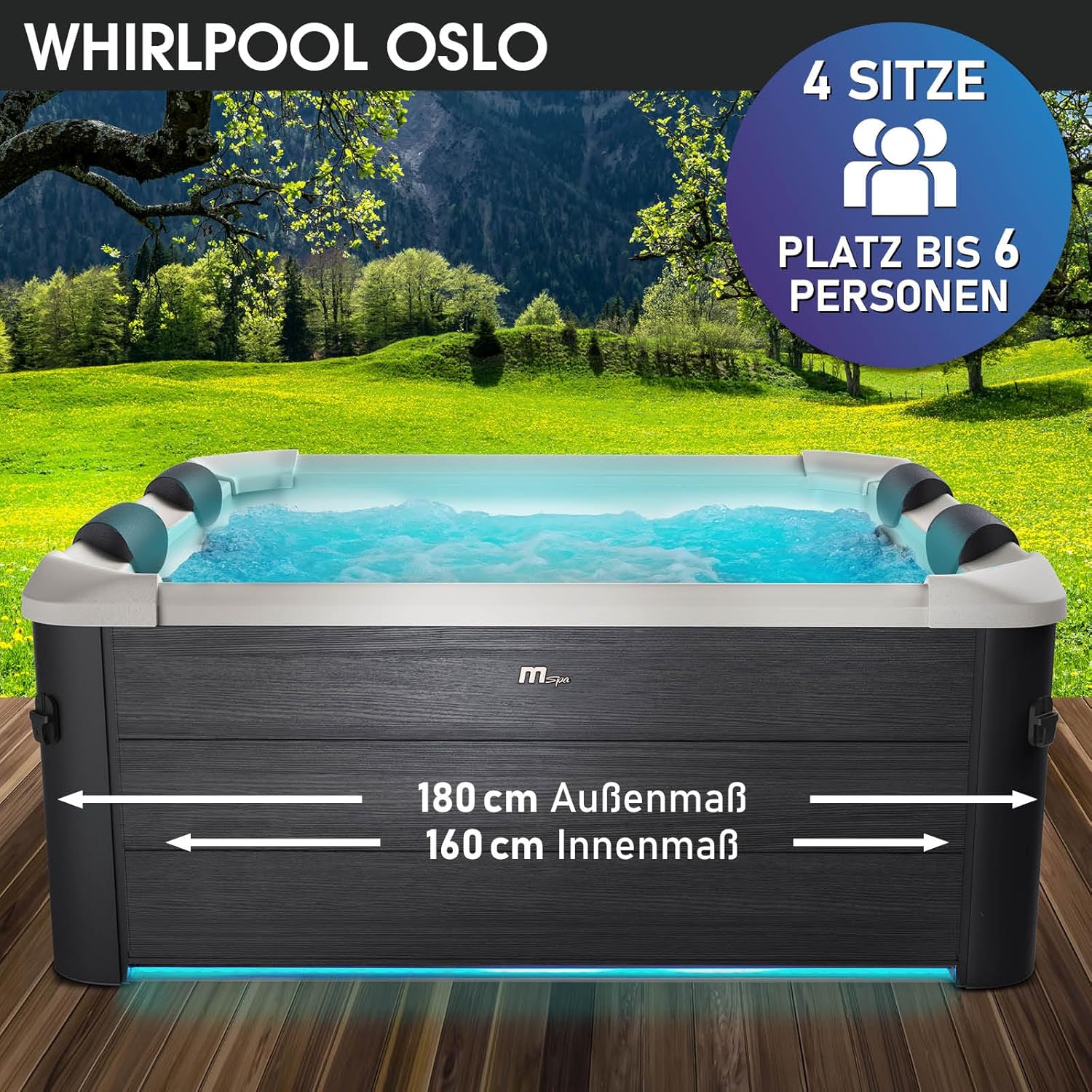 BRAST® Whirlpool MSpa Oslo Plus XXL with Fixed Outer Wall LED Lighting 20 Adjustable Colours for 6 People 180 x 180 x 65 cm collection | LIDL