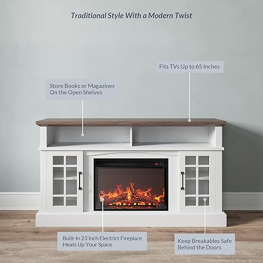 BELLEZE 58 TV Stand with 23 Electric Fireplace. Fireplace TV Console for TV up to 65. Home Entertainment Center with Storage Cabinet and Adjustable Shelves - Astorga (White) collection | LIDL