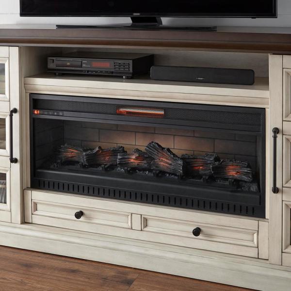 Cecily 72 in. Freestanding Electric Fireplace TV Stand in Antique White with Warm Charcoal Top Finish collection | LIDL